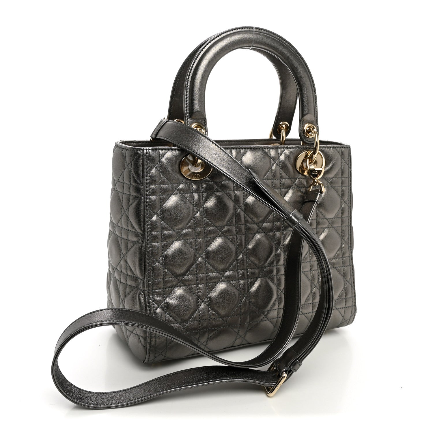 Christian Dior Metallic Calfskin Cannage Medium Lady Dior Gunmetal Grey 3 of 10