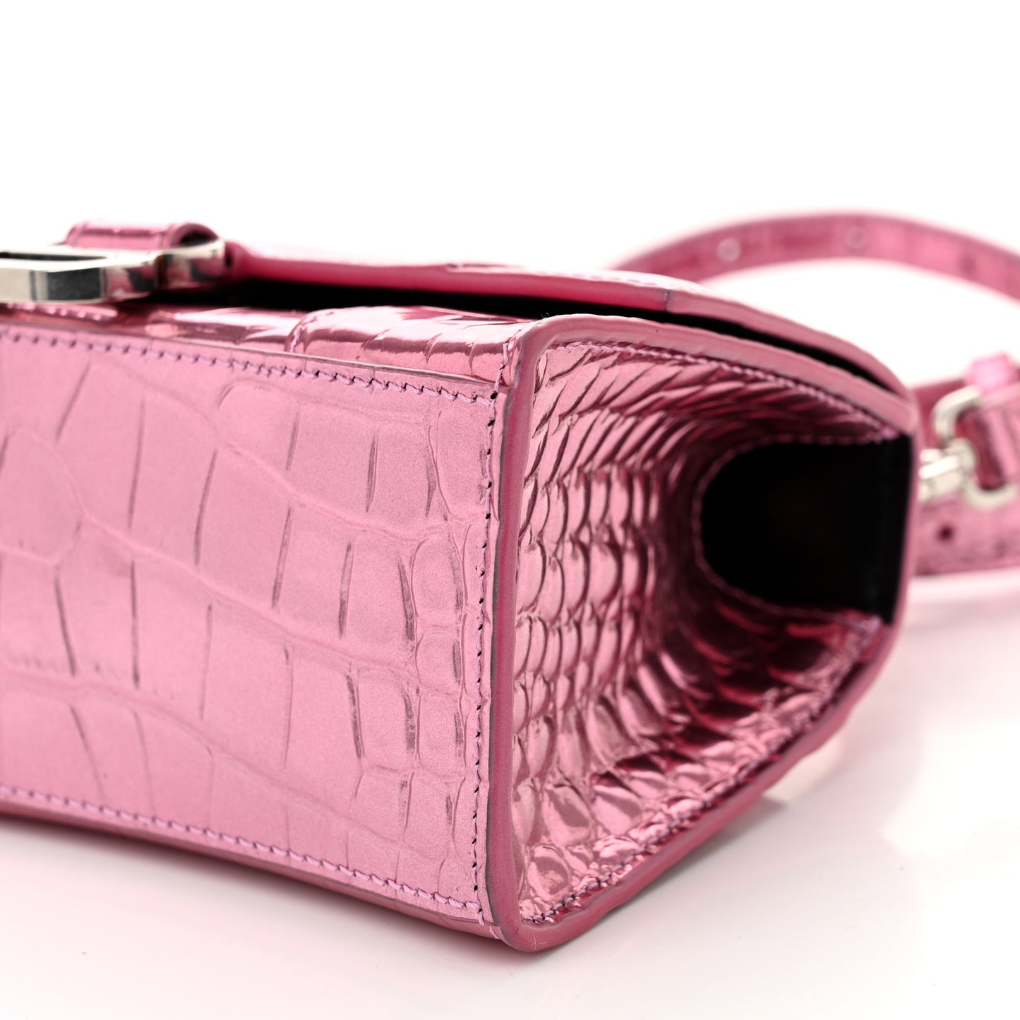 Metallic Shiny Calfskin Crocodile Embossed Hourglass Top Handle Bag XS Pink