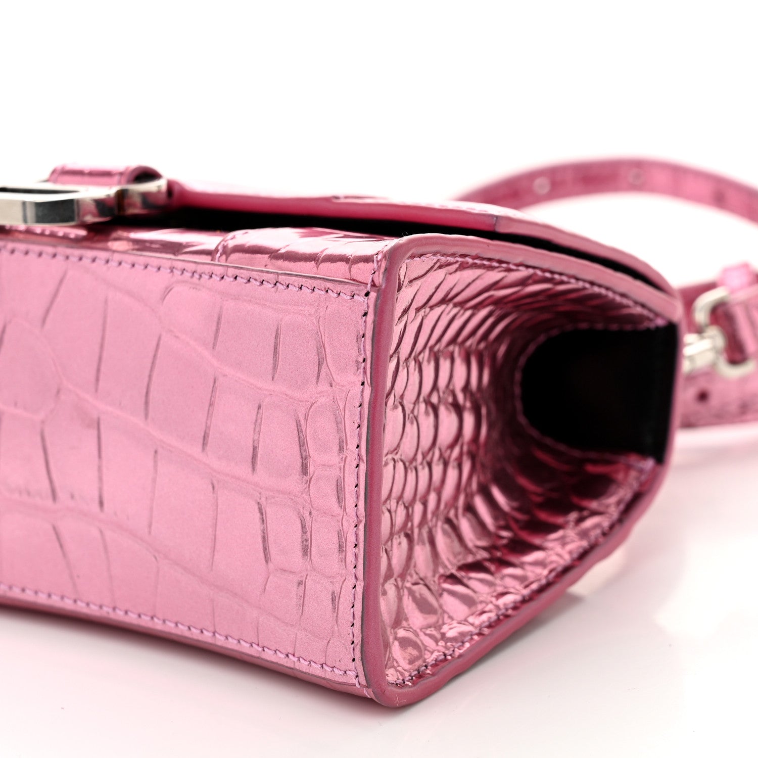Balenciaga Metallic Shiny Calfskin Crocodile Embossed Hourglass Top Handle Bag XS Pink 10 of 10