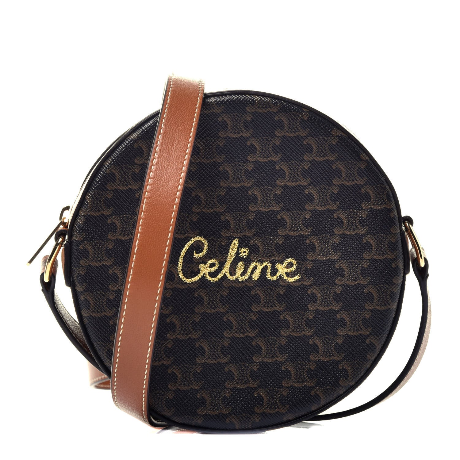 Celine Triomphe Canvas Embroidered Logo Round Purse On Strap Black Tan 1 of 9