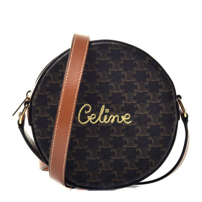Celine Triomphe Canvas Embroidered Logo Round Purse On Strap Black Tan 1 of 9