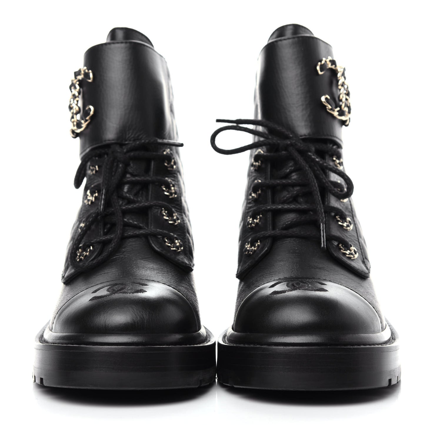Shiny Goatskin Calfskin Quilted Lace Up Combat Boots 38 Black
