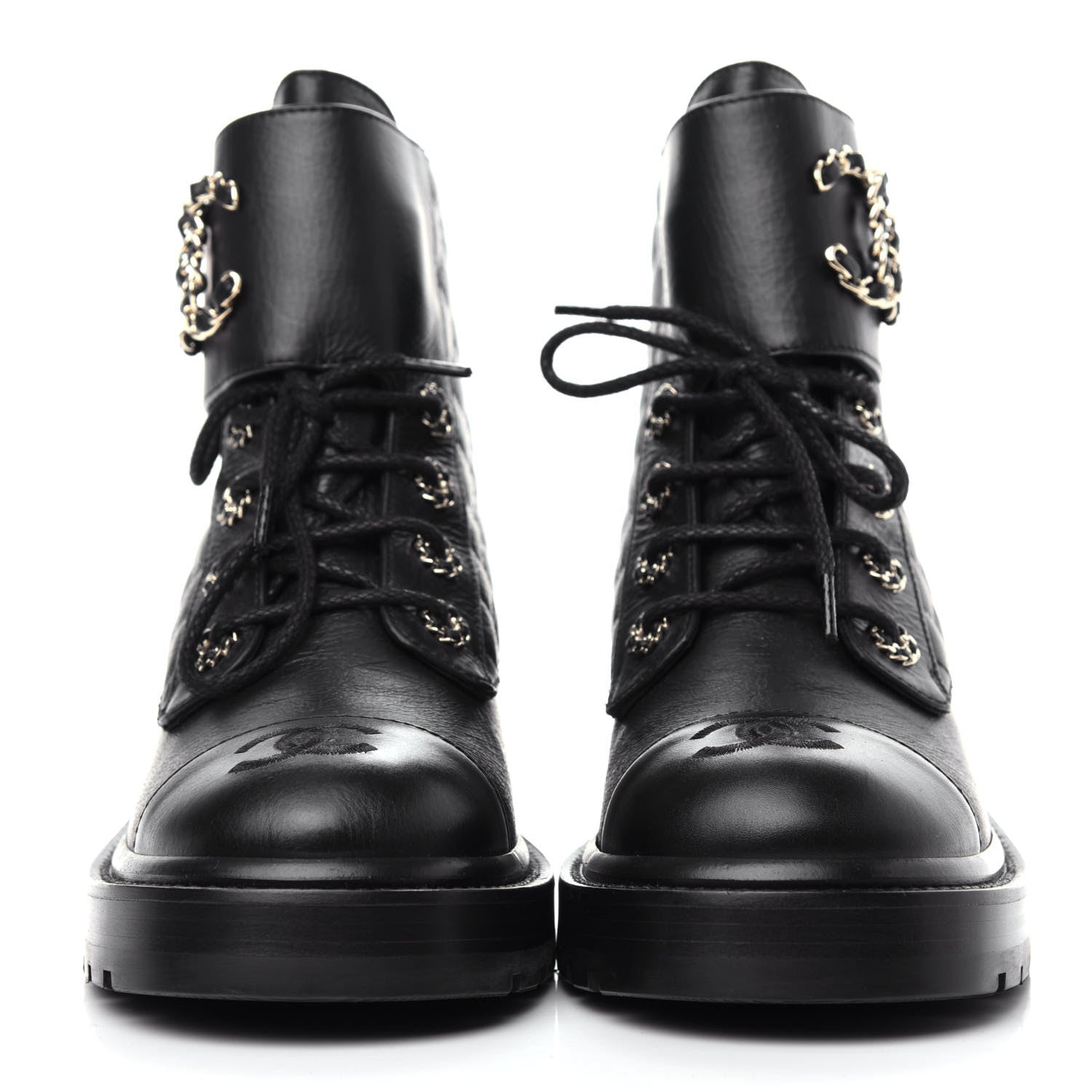Chanel Shiny Goatskin Calfskin Quilted Lace Up Combat Boots 38 Black 2 of 10