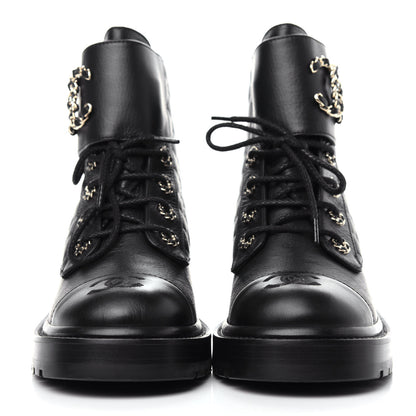 Chanel Shiny Goatskin Calfskin Quilted Lace Up Combat Boots 38 Black 2 of 10