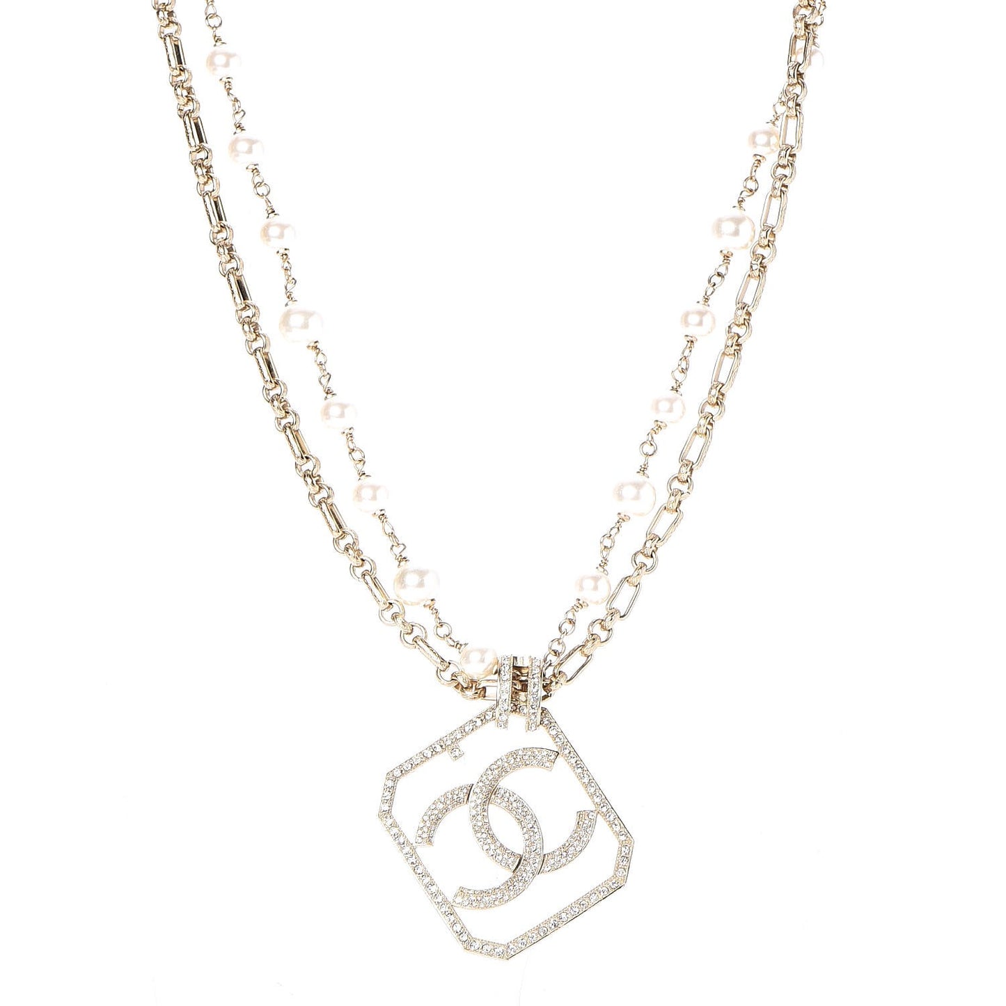 Pearl Crystal CC Double Strand Necklace Gold