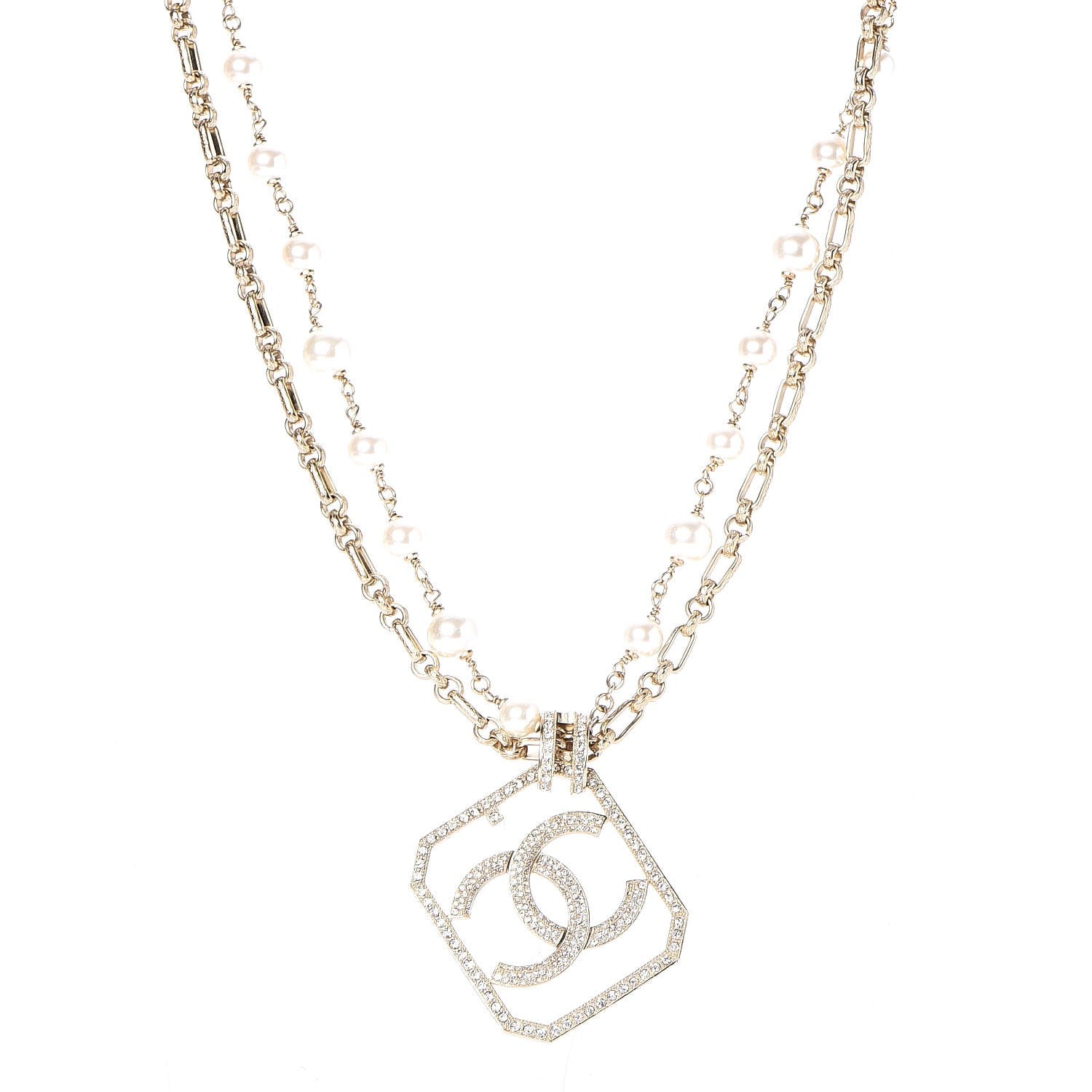 Chanel Pearl Crystal CC Double Strand Necklace Gold 1 of 7