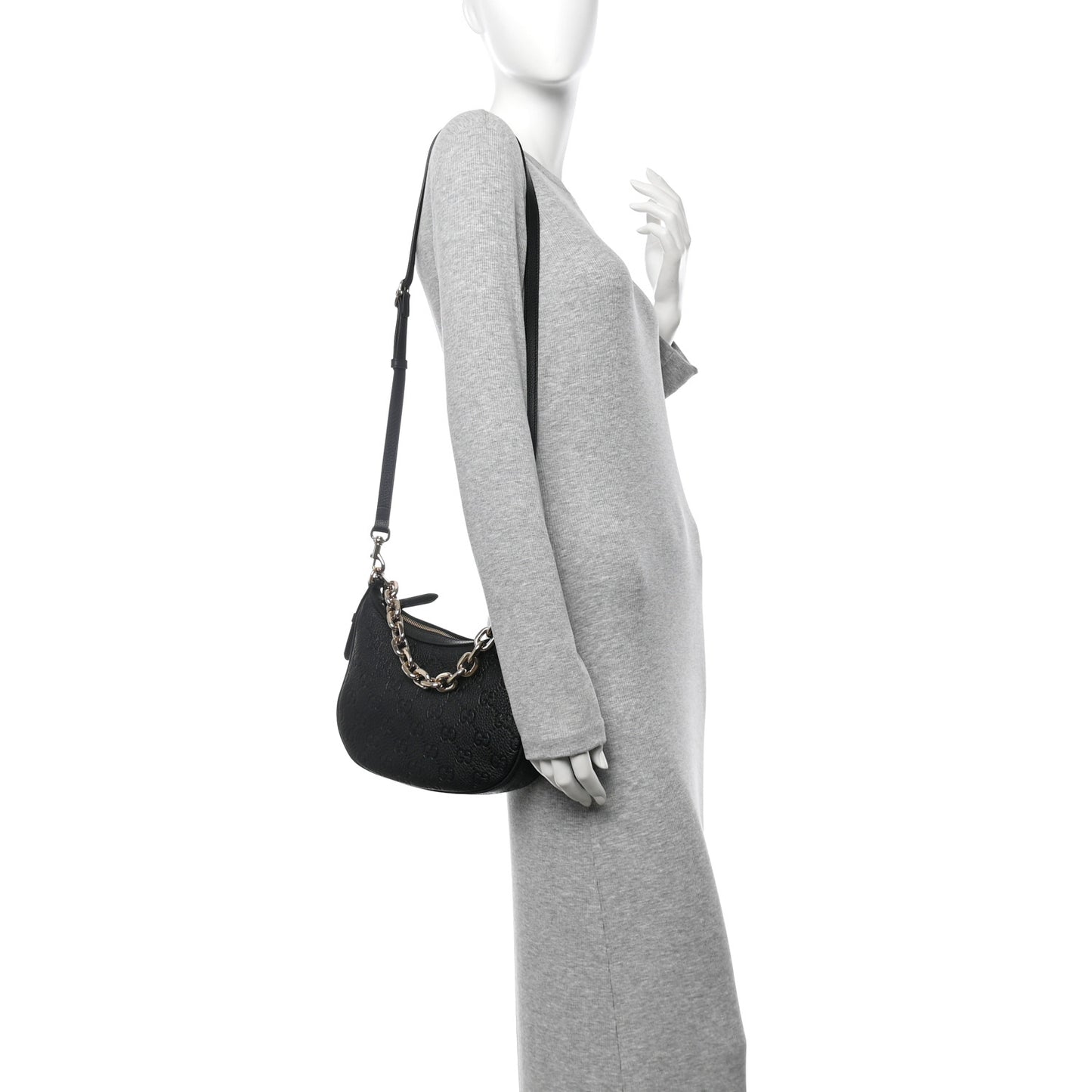 GG Grainy Calfskin Emblem Small Half Moon Shoulder Bag Black