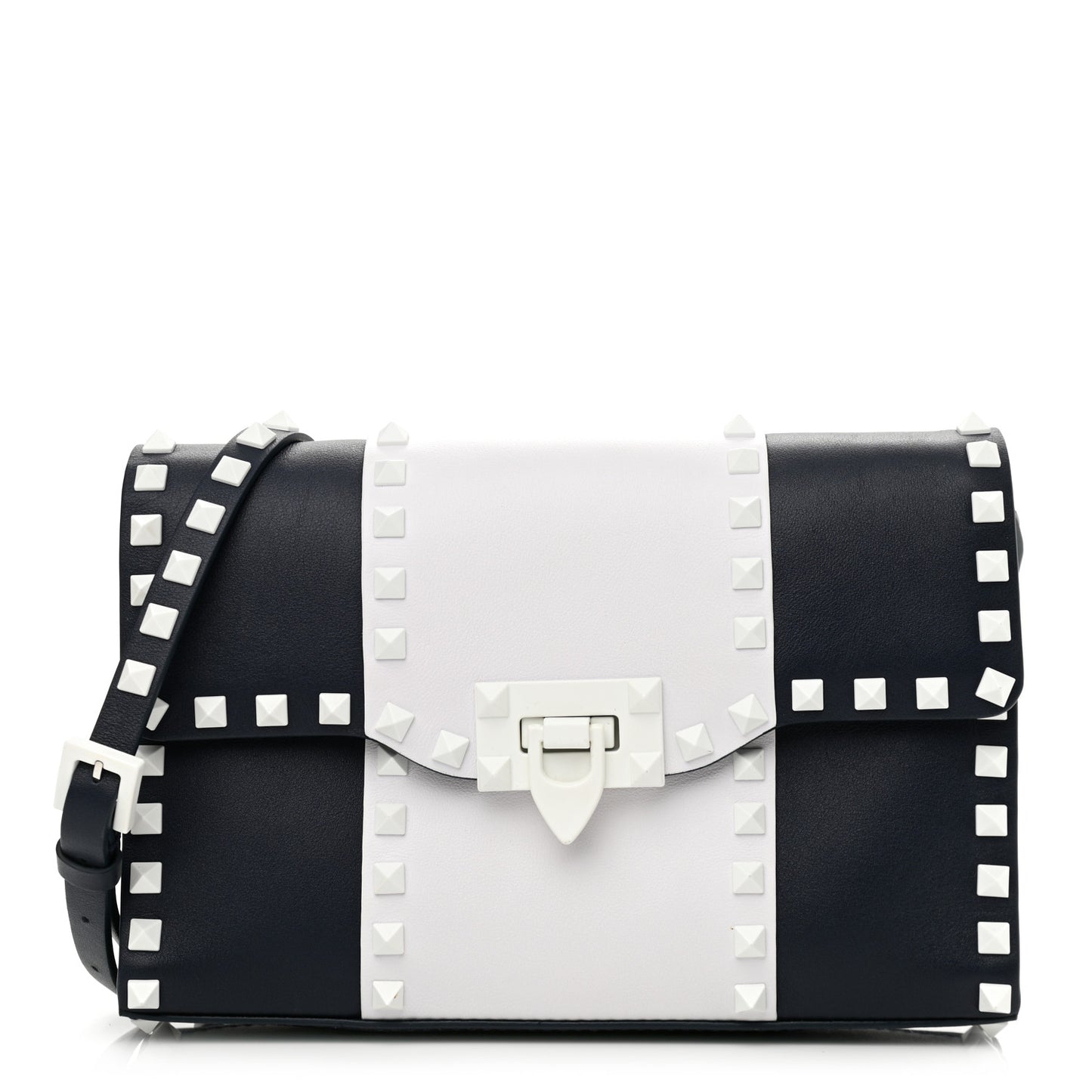 Vitello Colorblock Medium Free Rockstud Flip Lock Crossbody Bag Marine White