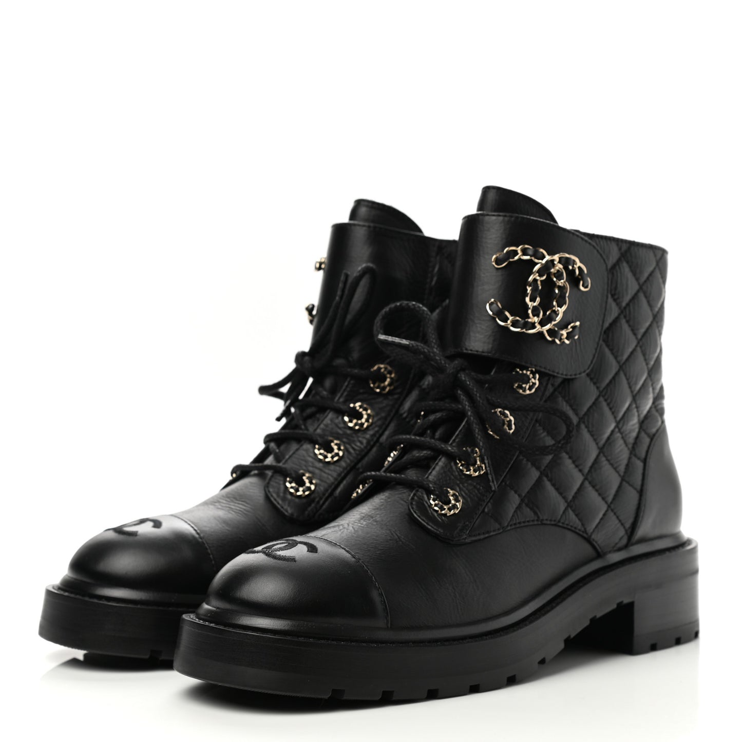 Shiny Lambskin Quilted Lace Up Combat Boots 38.5 Black