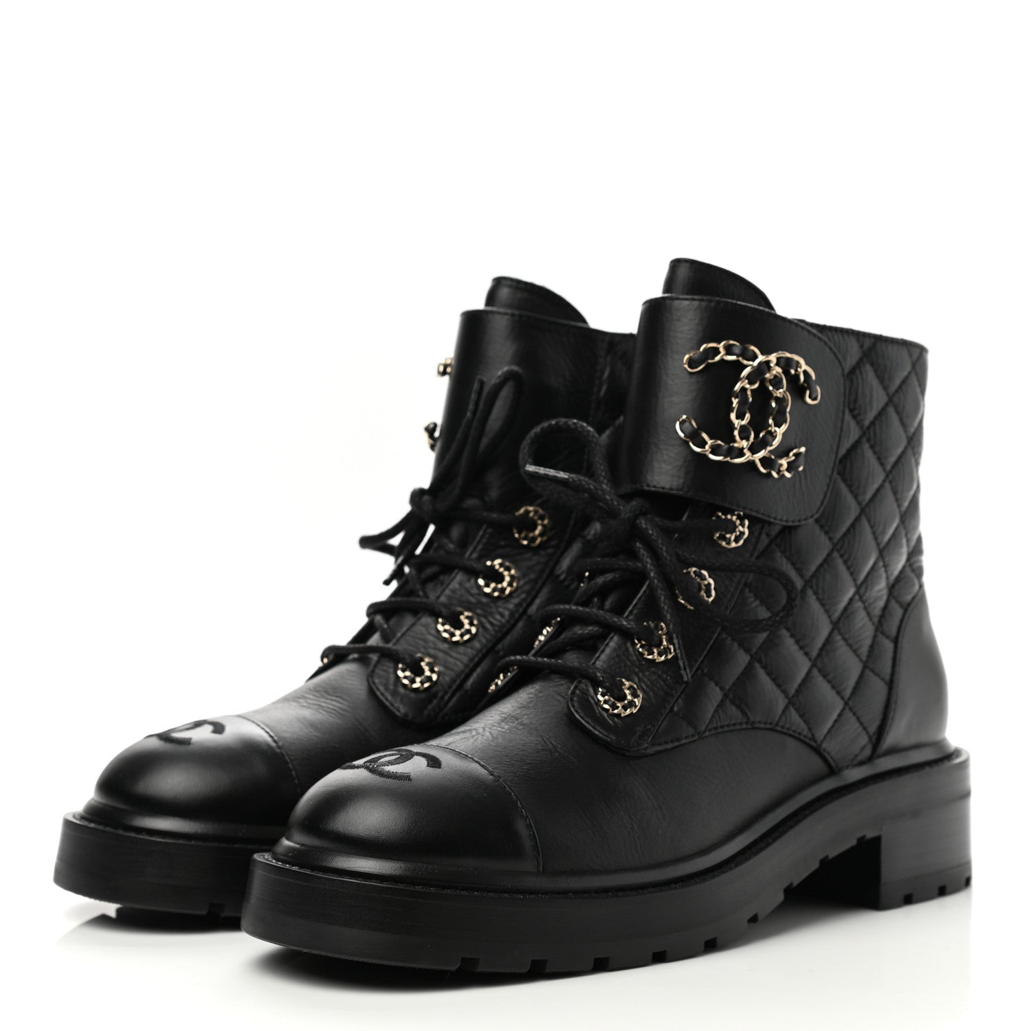 Chanel Shiny Lambskin Quilted Lace Up Combat Boots 38.5 Black 3 of 10