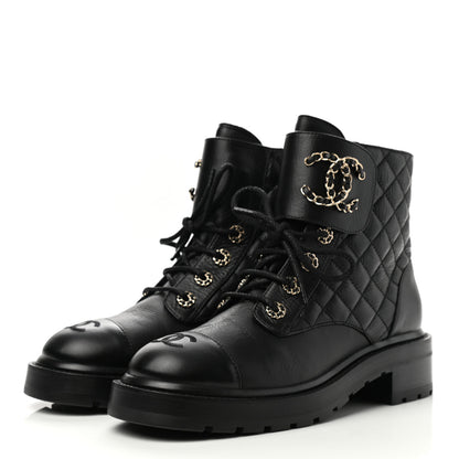 Chanel Shiny Lambskin Quilted Lace Up Combat Boots 38.5 Black 3 of 10