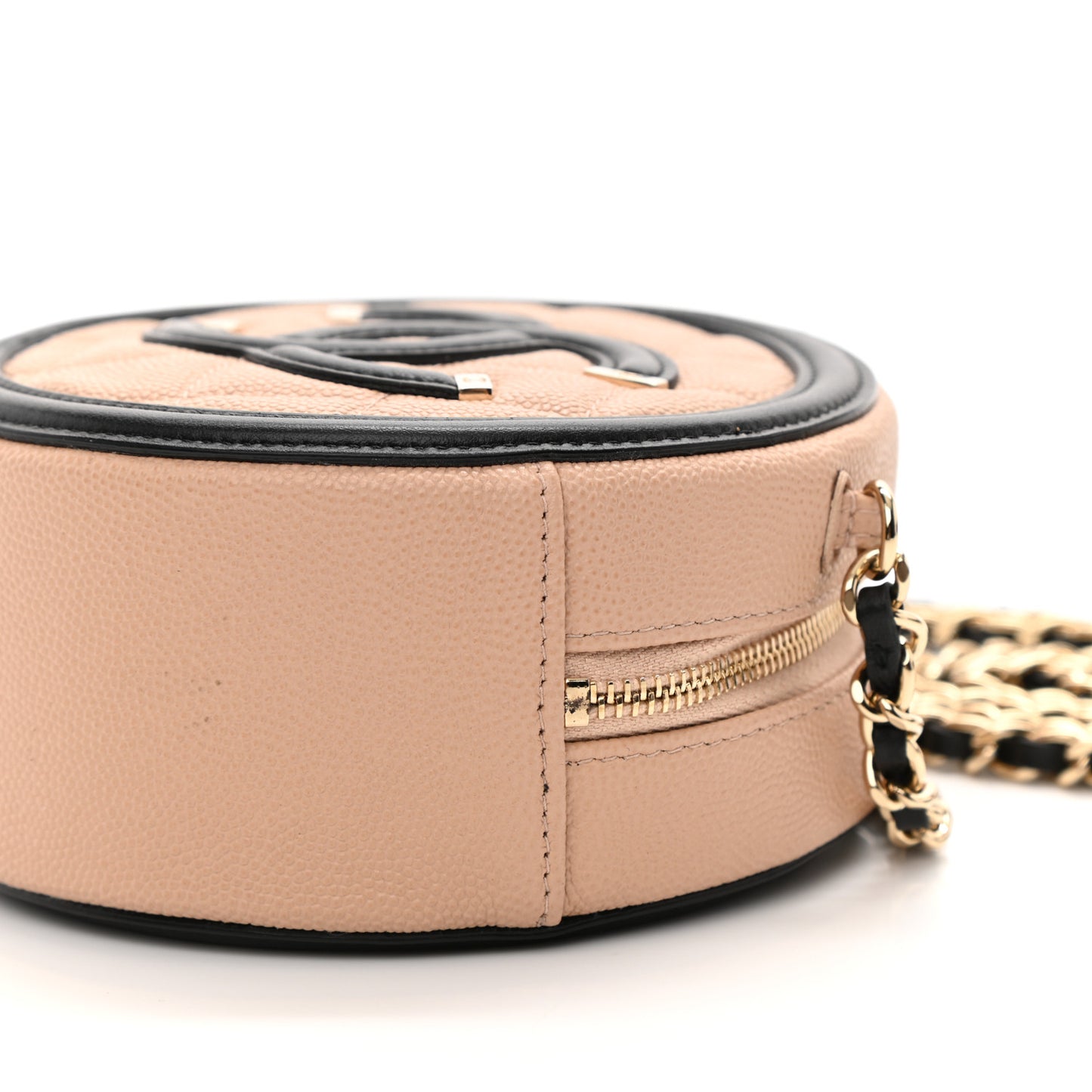 Caviar Quilted Round Filigree Crossbody Beige Black