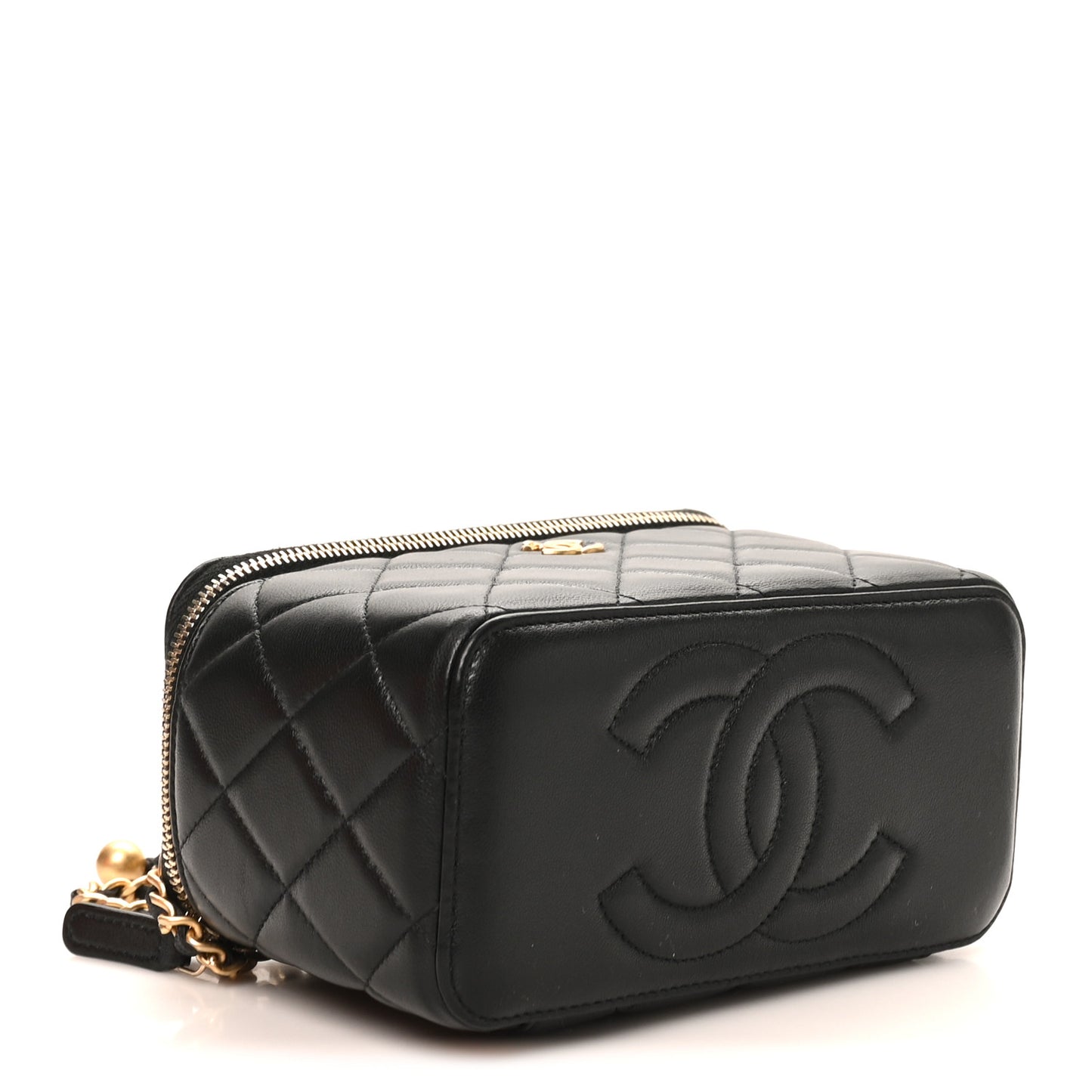Lambskin Quilted Pearl Crush Small Vanity Case With Chain Black