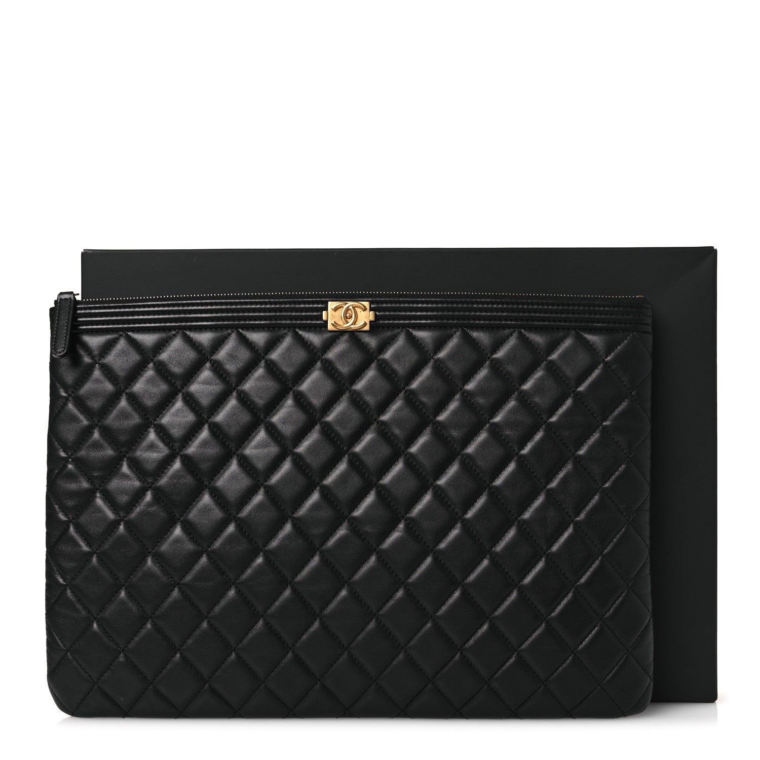 Chanel Lambskin Quilted Large Boy Zip Pouch Black 1866471