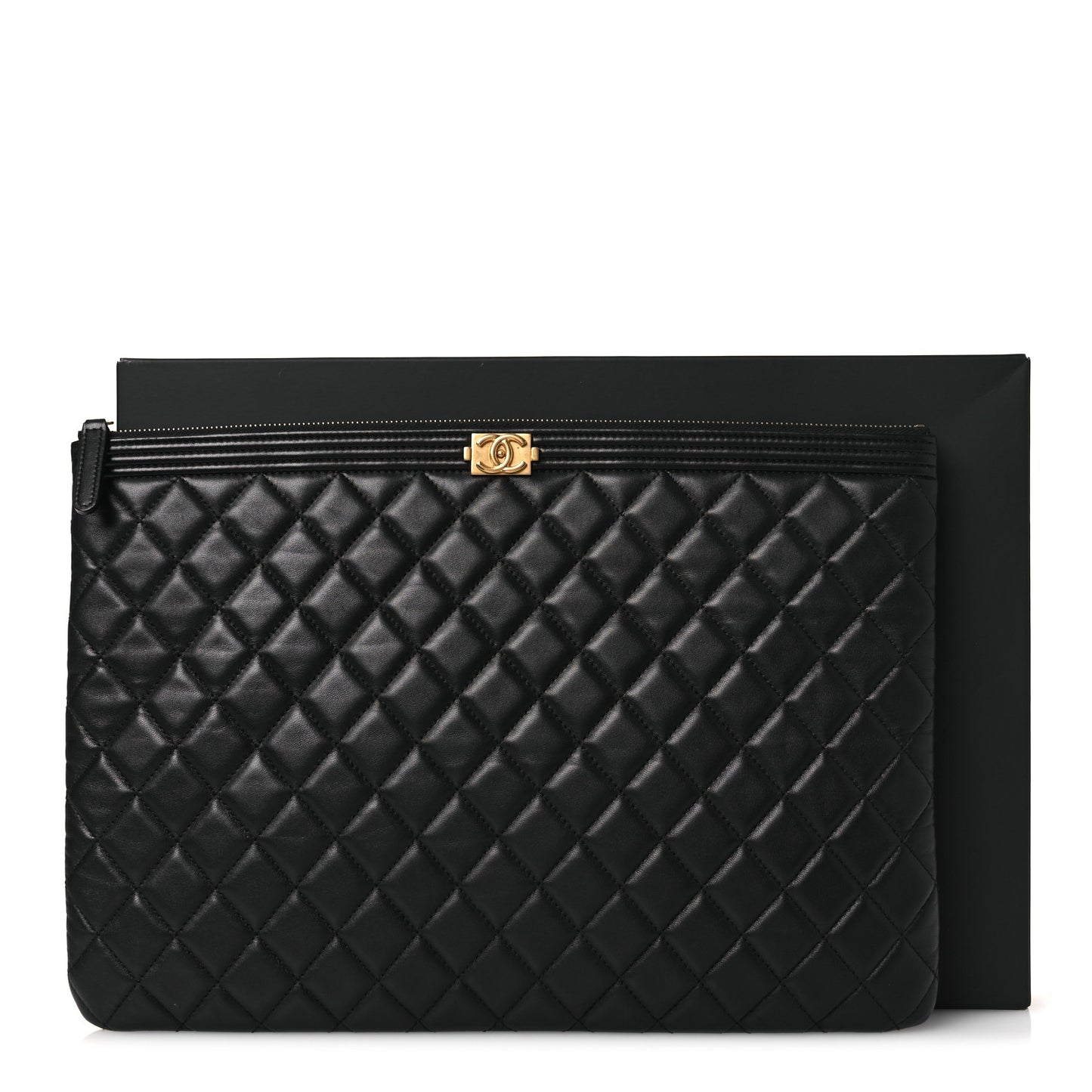 Lambskin Quilted Large Boy Zip Pouch Black