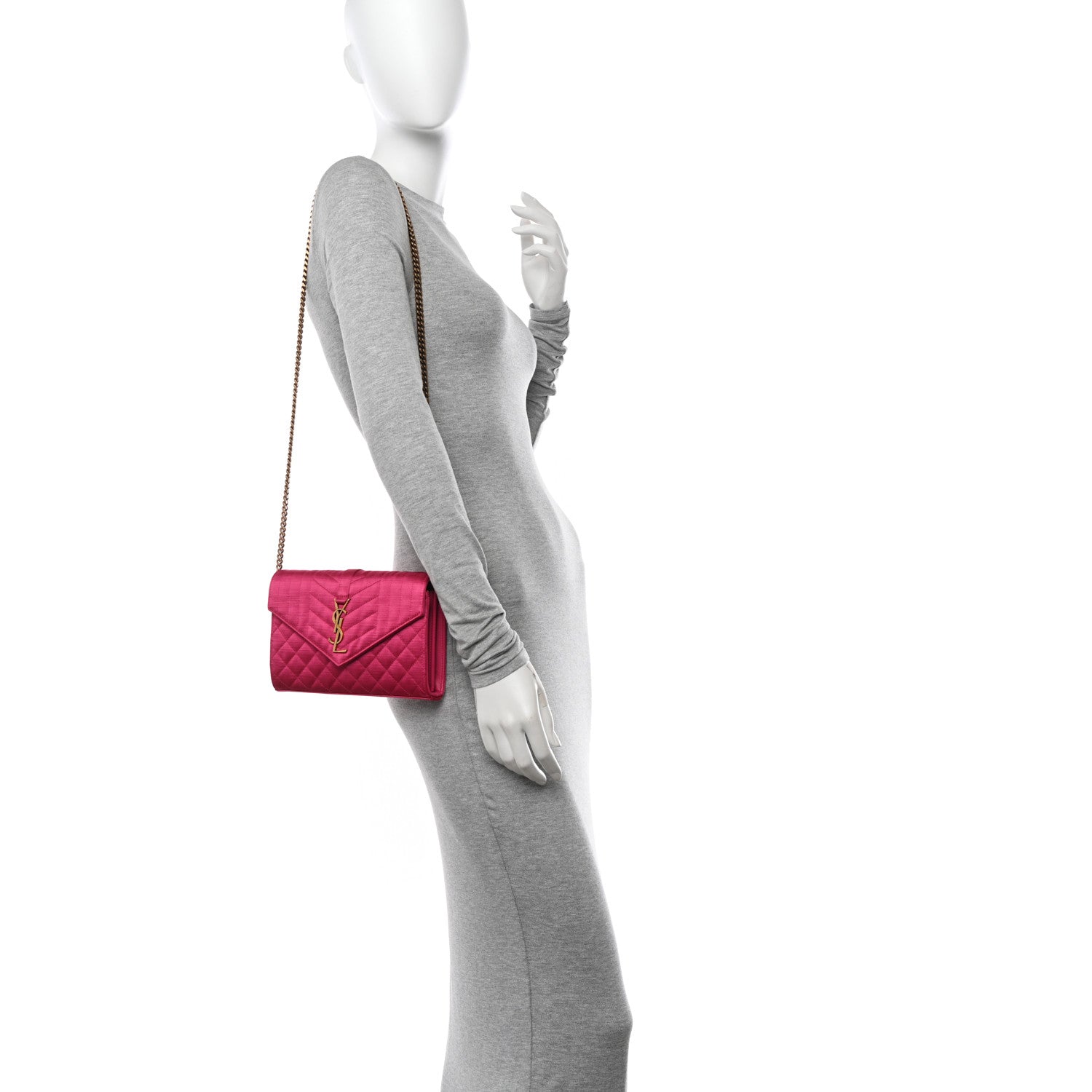 Saint Laurent Satin Mixed Matelasse Triquilt Monogram Chain Wallet Guava 2 of 9