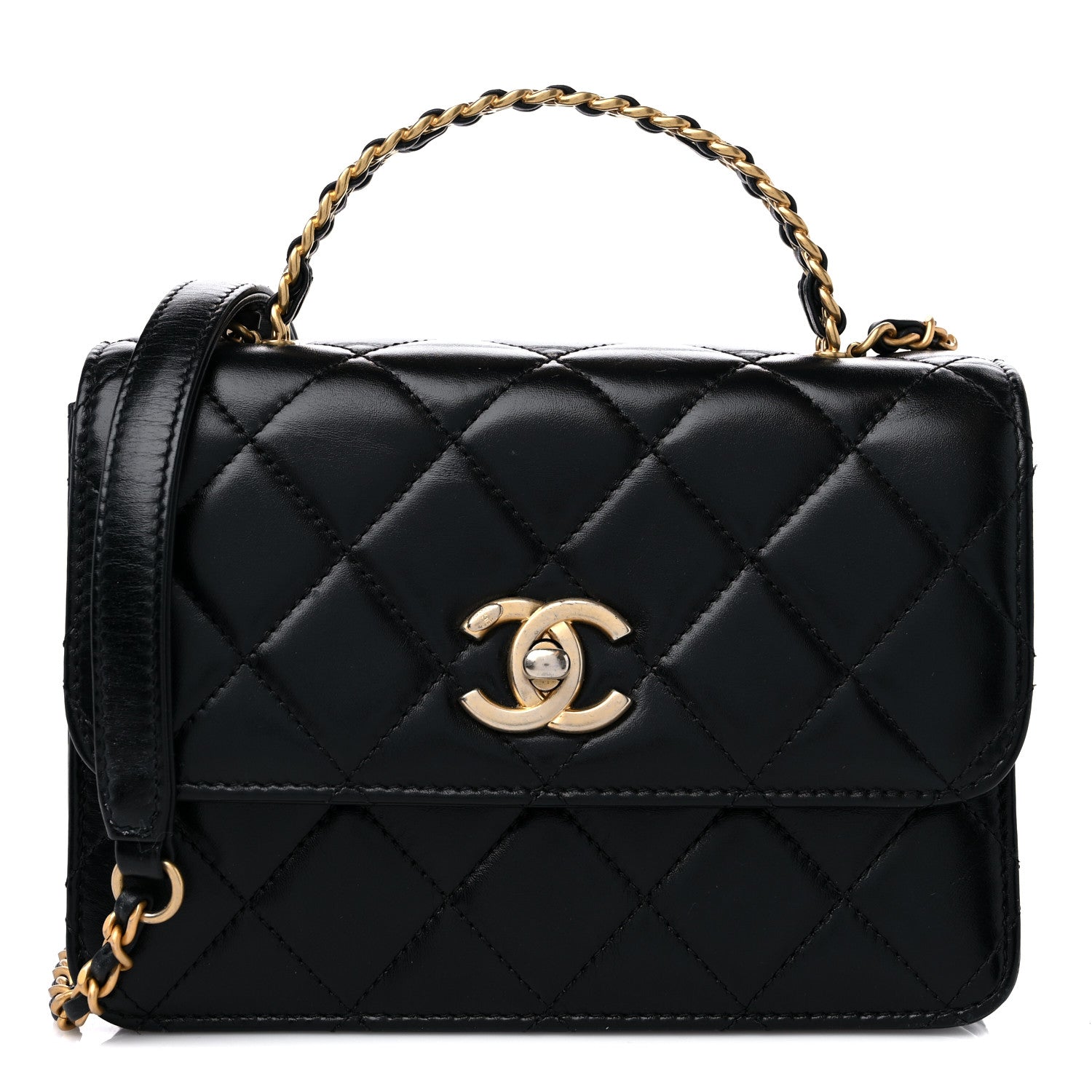 Chanel Shiny Calfskin Quilted Mini Chain Top Handle Flap Black 1 of 13