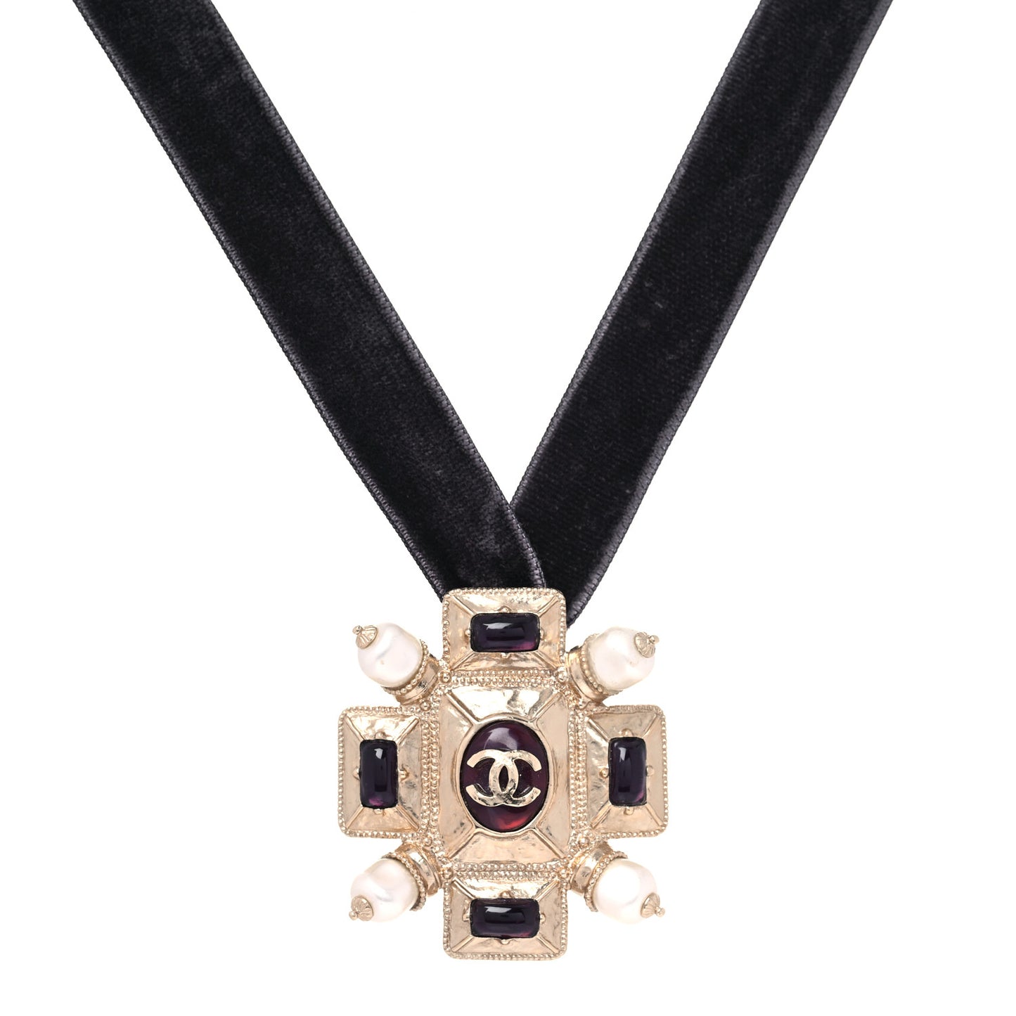 Velvet Gripoix Crystal CC Choker Necklace Black Gold