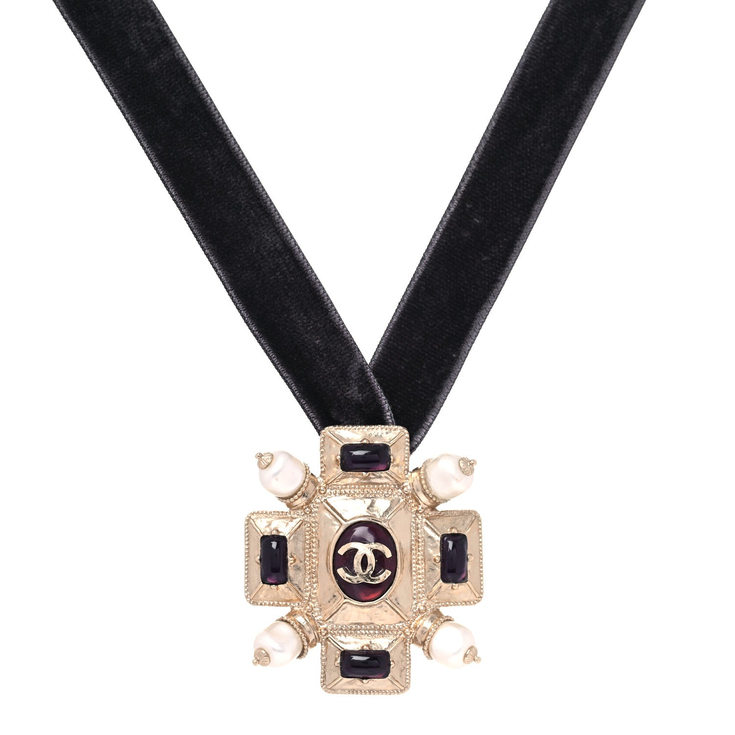 Chanel Velvet Gripoix Crystal CC Choker Necklace Black Gold 1 of 9