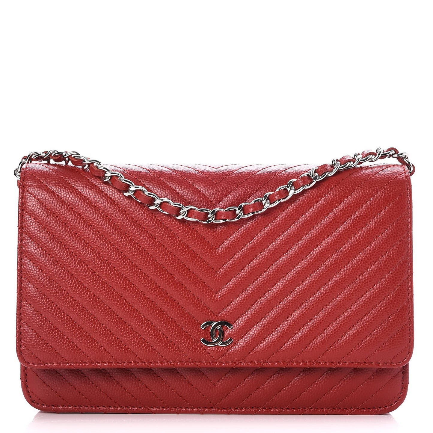 Caviar Chevron Quilted Wallet On Chain WOC Red