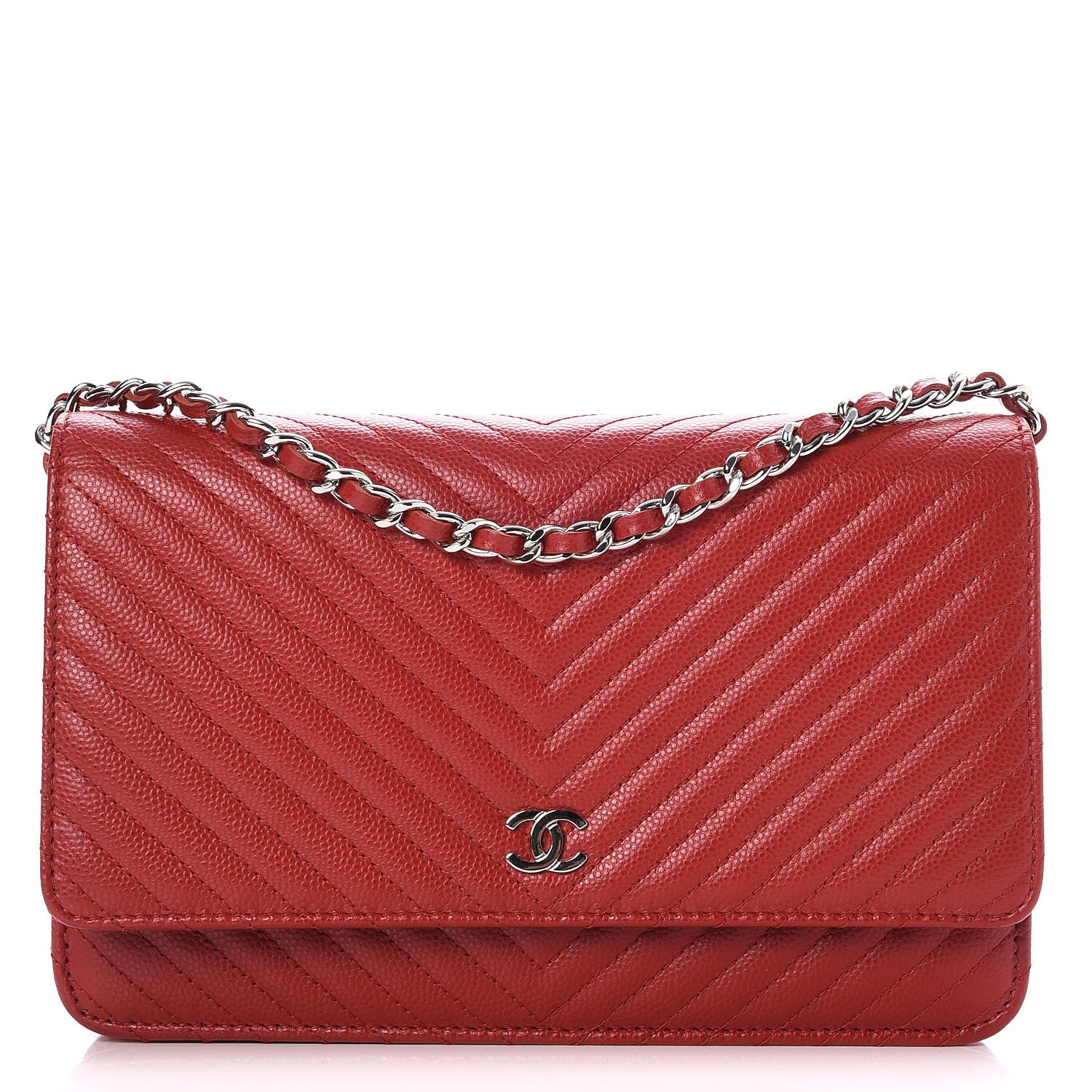 Chanel Caviar Chevron Quilted Wallet On Chain WOC Red 1 of 8
