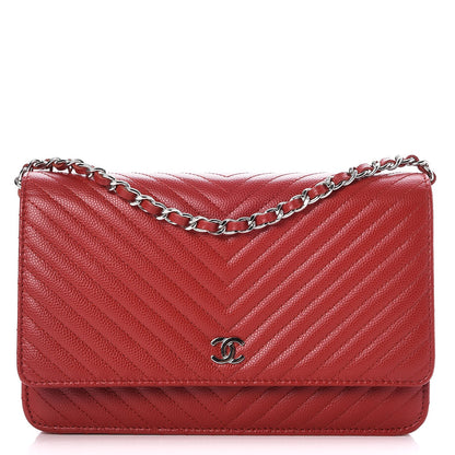 Chanel Caviar Chevron Quilted Wallet On Chain WOC Red 1 of 8
