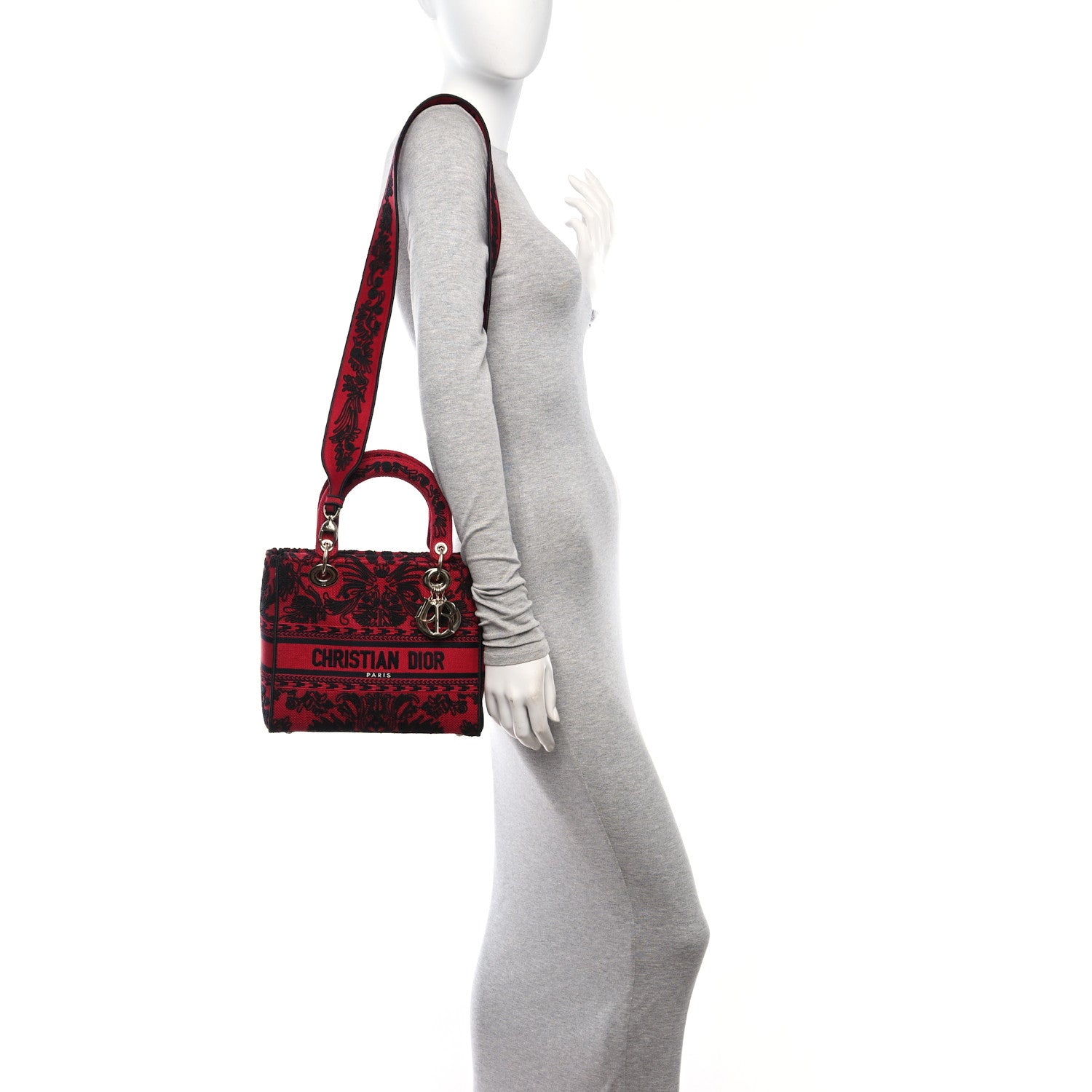 Christian Dior Canvas Embroidered Ornamental Cornely Medium Lady D-Lite Red Black 3 of 16