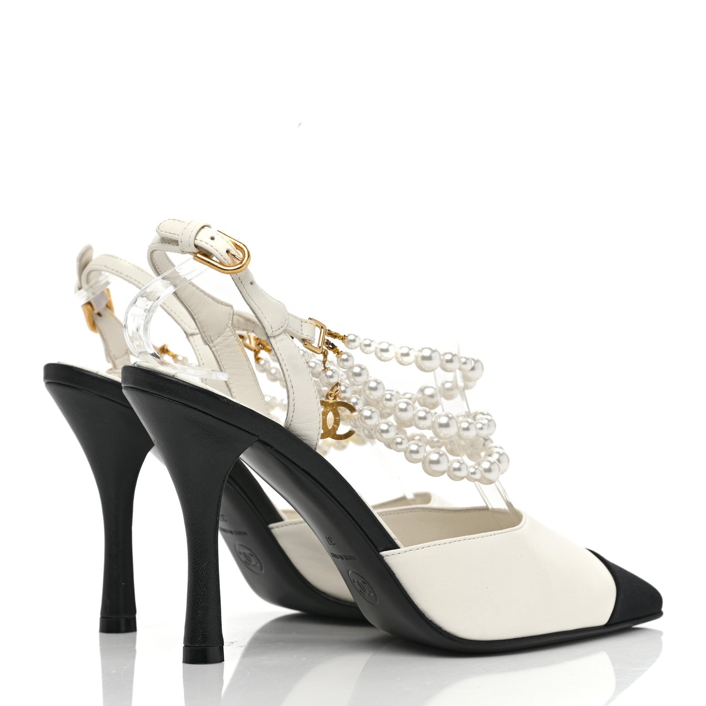 Lambskin Grosgrain Cap Toe Pearl Slingbacks Pumps 37 Ivory Black