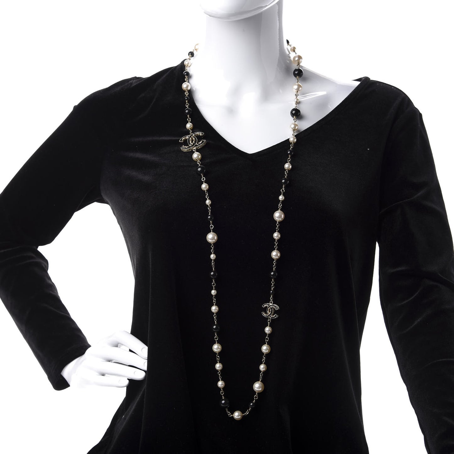 Pearl Beaded Crystal CC Long Necklace Gold Black White