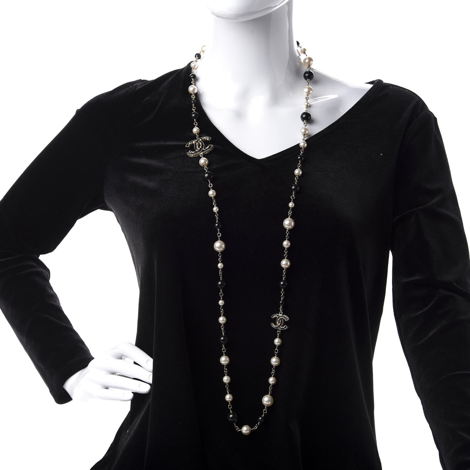 Chanel Pearl Beaded Crystal CC Long Necklace Gold Black White 2 of 4