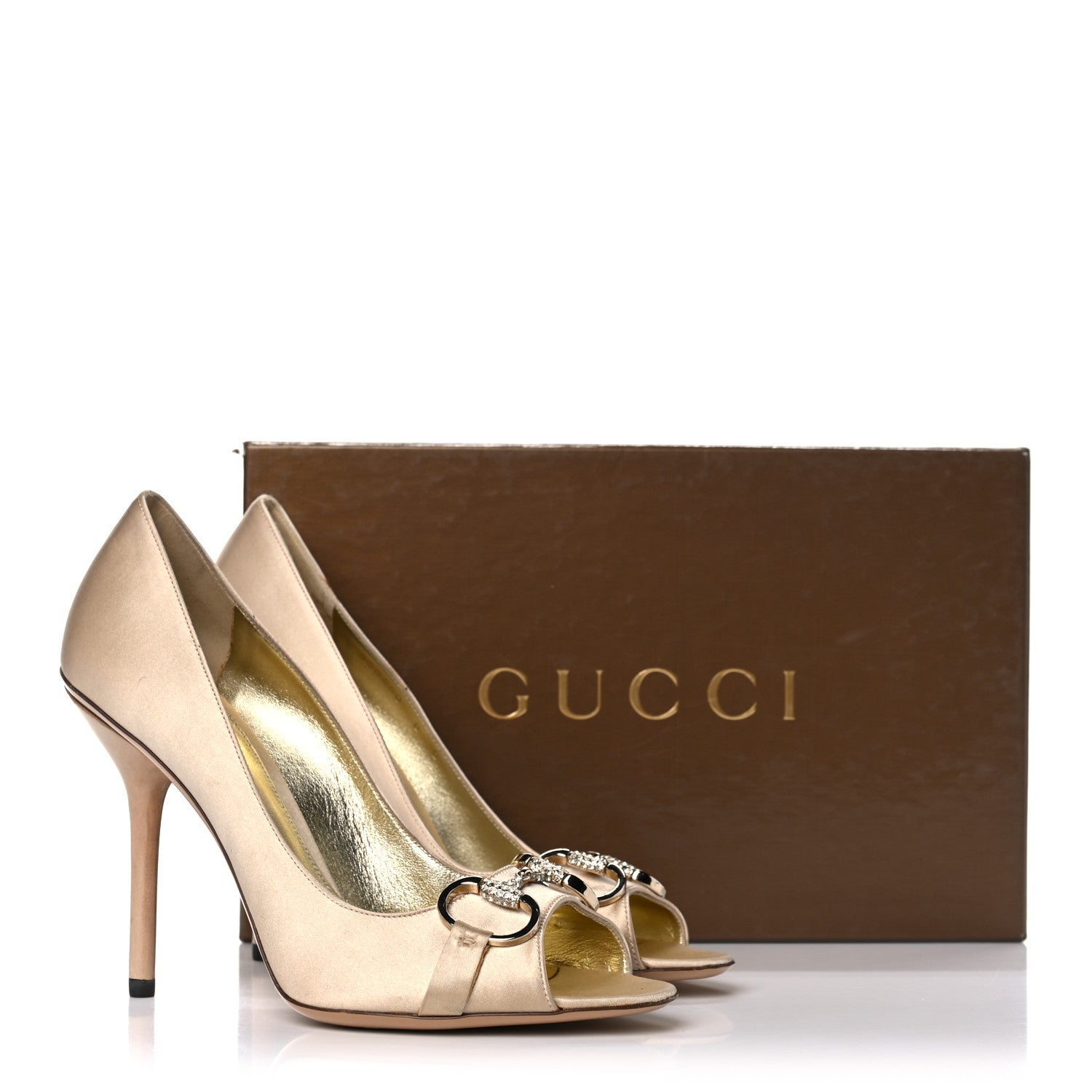 Gucci Satin Crystal Peep Toe Pumps 8 Champagne 19 of 19