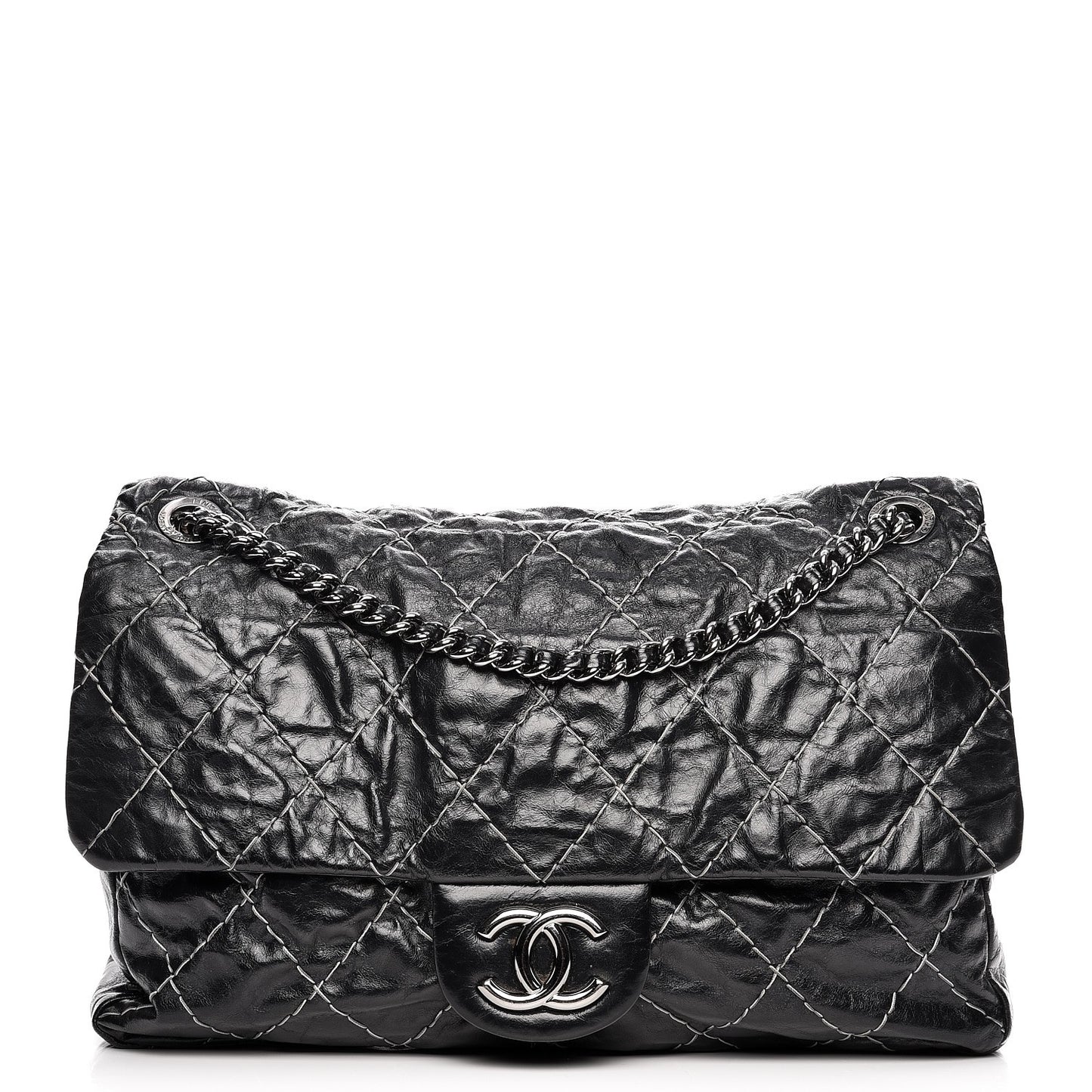 Glazed Goatskin Double Stitch Maxi Flap Black