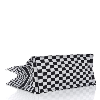 Christian Dior Canvas Embroidered Checkered Book Tote Black White 4 of 13