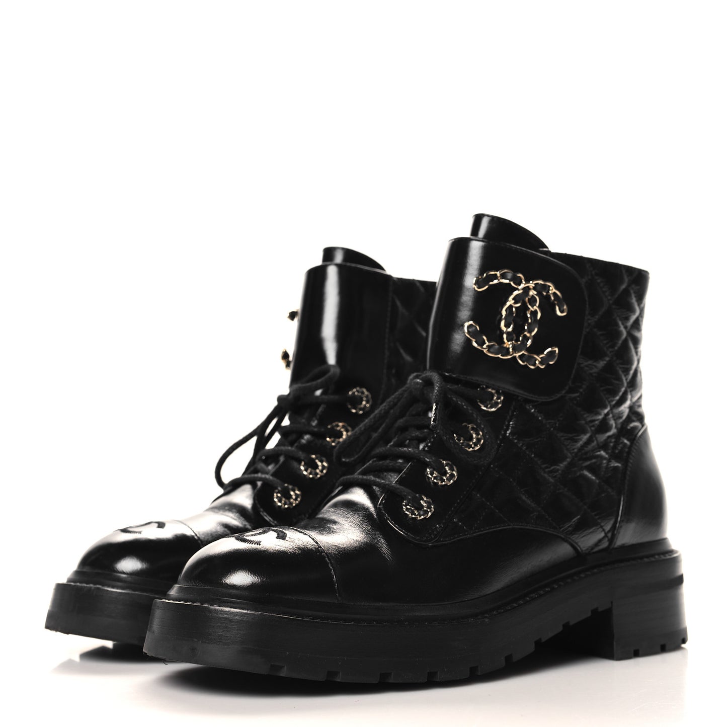 Shiny Goatskin Calfskin Quilted Lace Up Combat Boots 38 Black