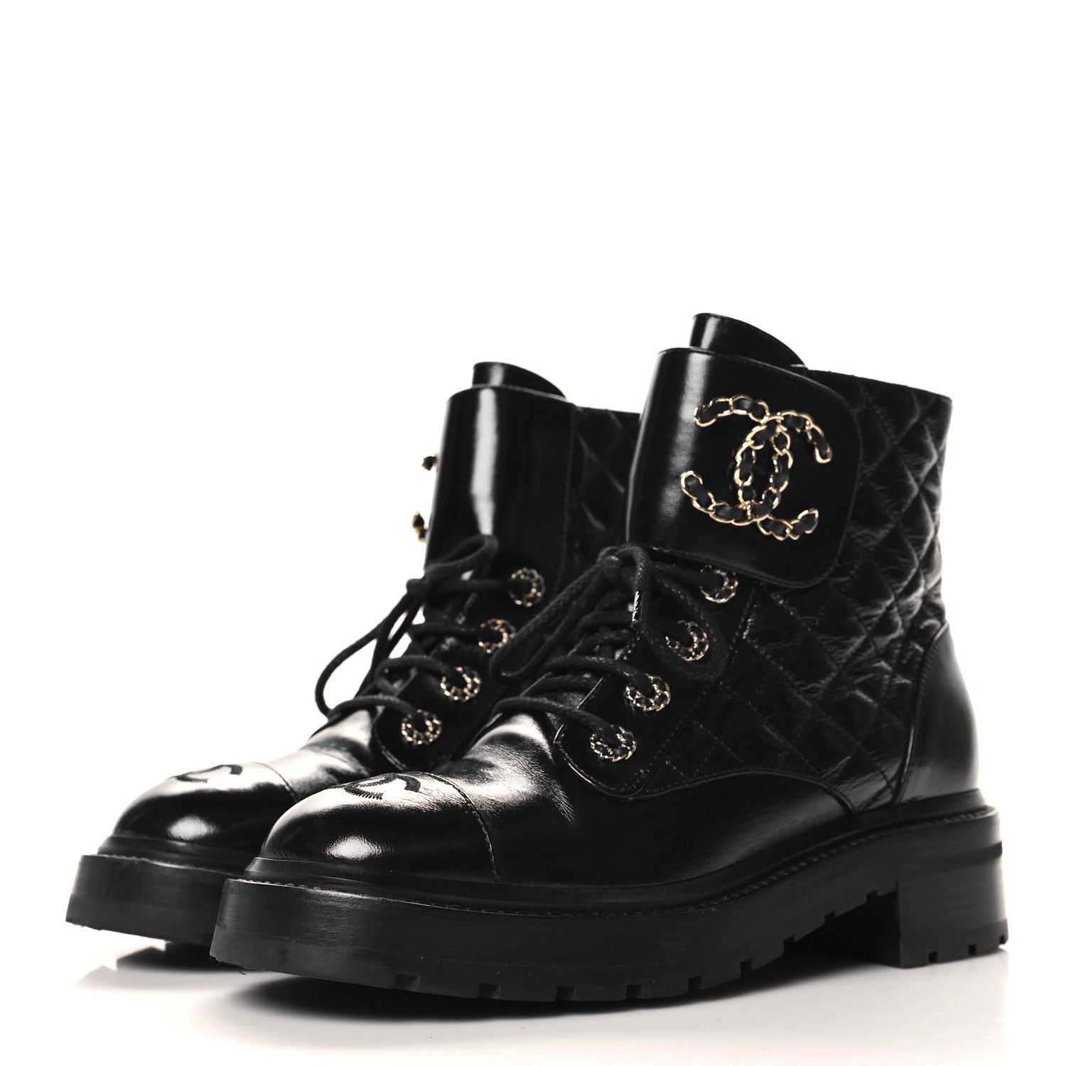 Chanel Shiny Goatskin Calfskin Quilted Lace Up Combat Boots 38 Black 4 of 8