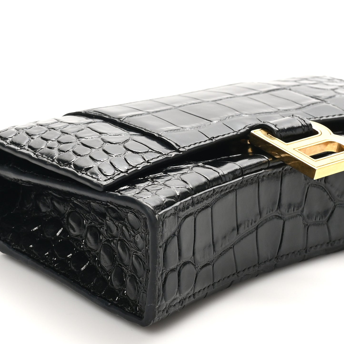 Shiny Calfskin Crocodile Embossed Hourglass Chain Bag Black