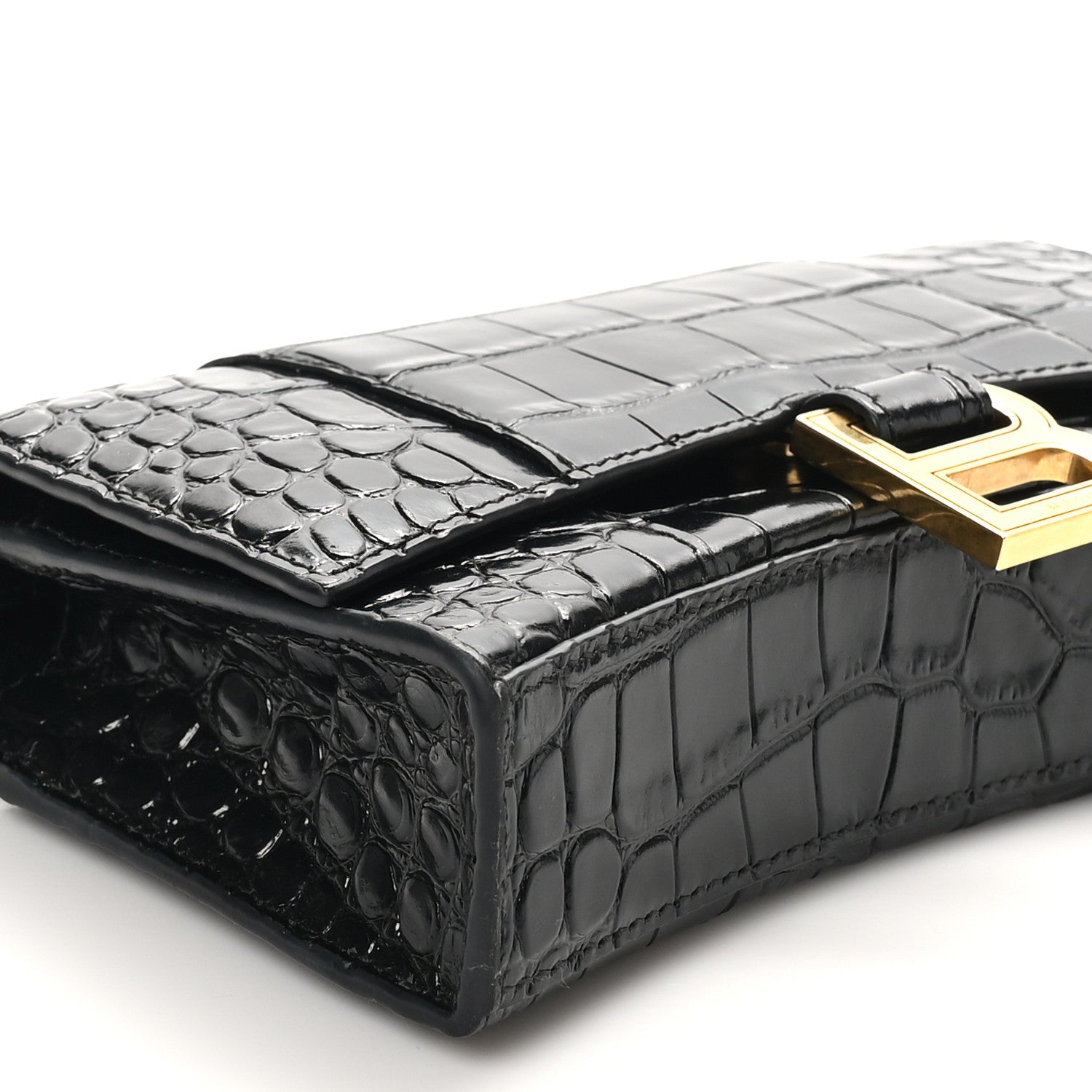 Balenciaga Shiny Calfskin Crocodile Embossed Hourglass Chain Bag Black 8 of 9