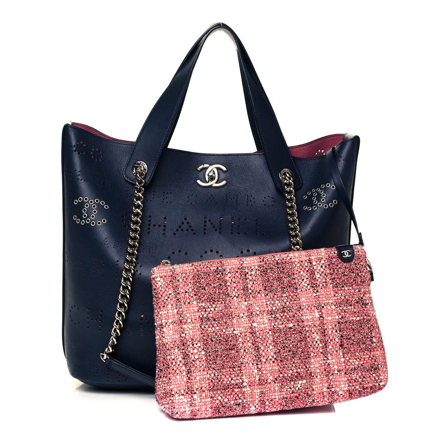 Calfskin Tweed Small Logo Eyelets Shopping Tote Navy Blue
