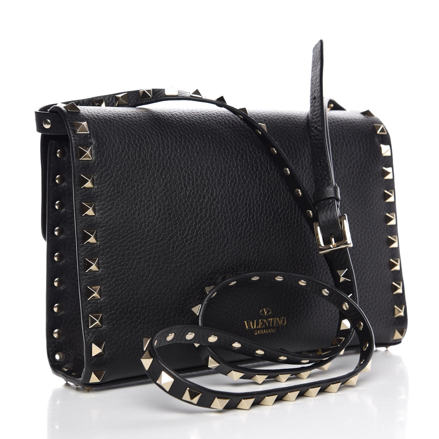Pebbled Calfskin Medium Rockstud Flip Lock Crossbody Bag Black