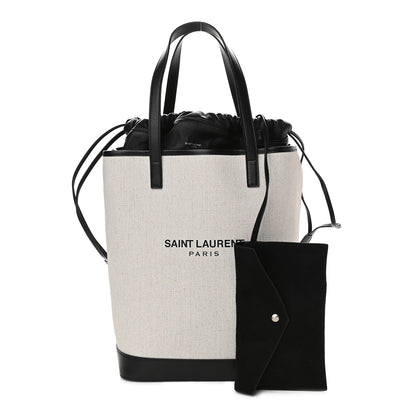 Saint Laurent Canvas Calfskin Teddy Drawstring Shopping Tote White Black 1 of 12