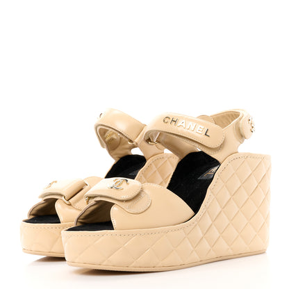 Chanel Shiny Calfskin Quilted Wedge Sandals 41 Beige 3 of 8