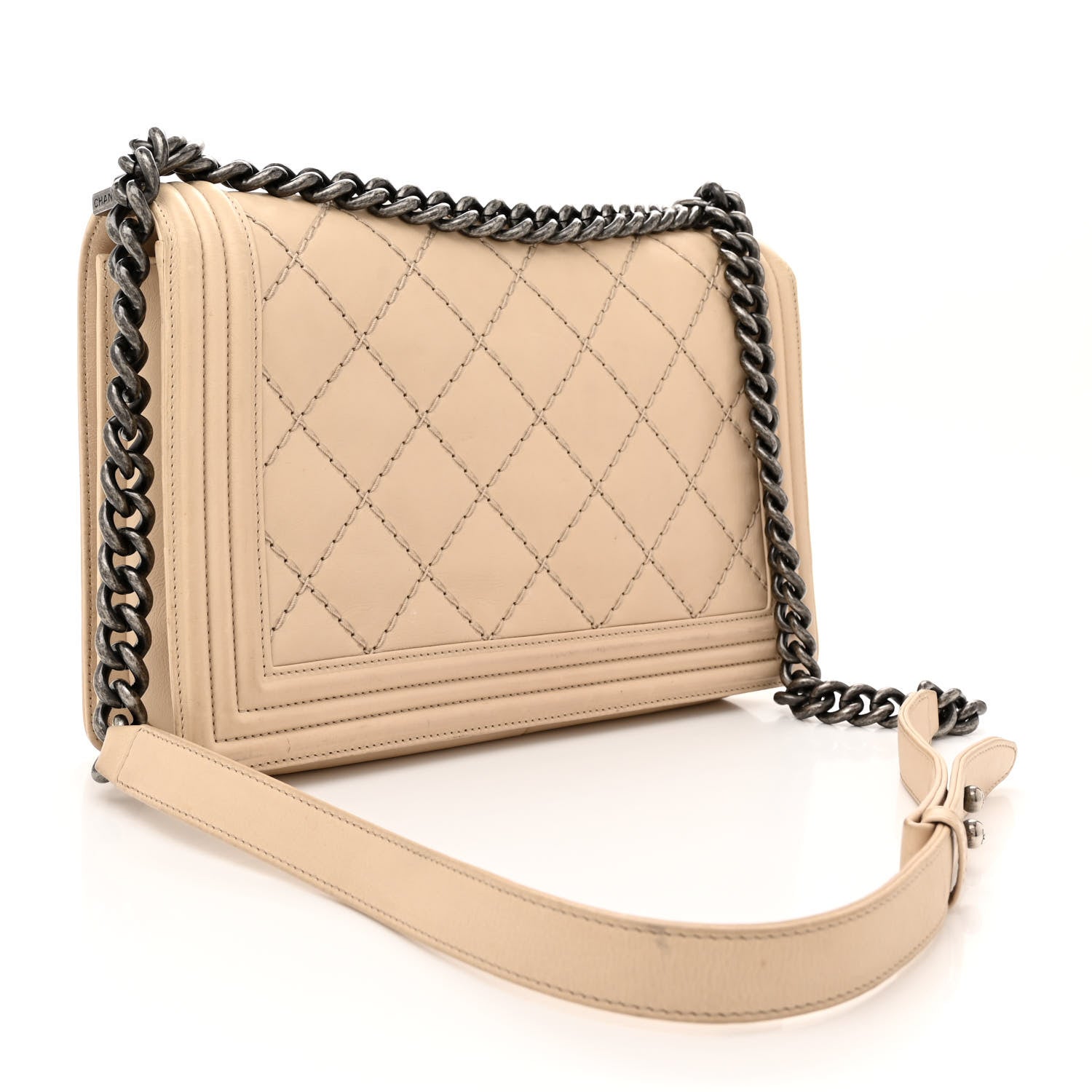 Chanel Calfskin Quilted Double Stitch New Medium Boy Flap Beige 3 of 14