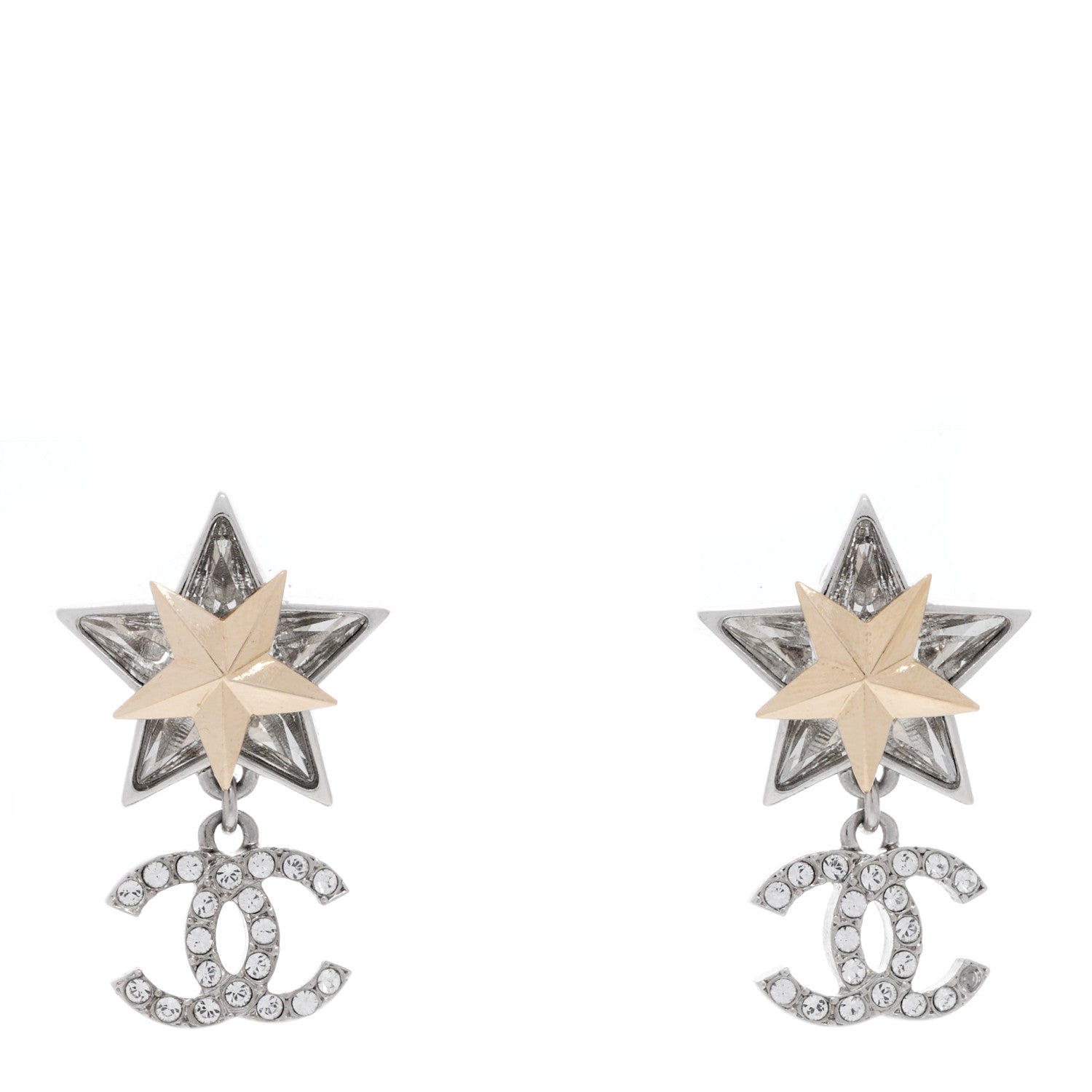 Chanel Crystal CC Star Drop Earrings Silver Gold 1 of 4