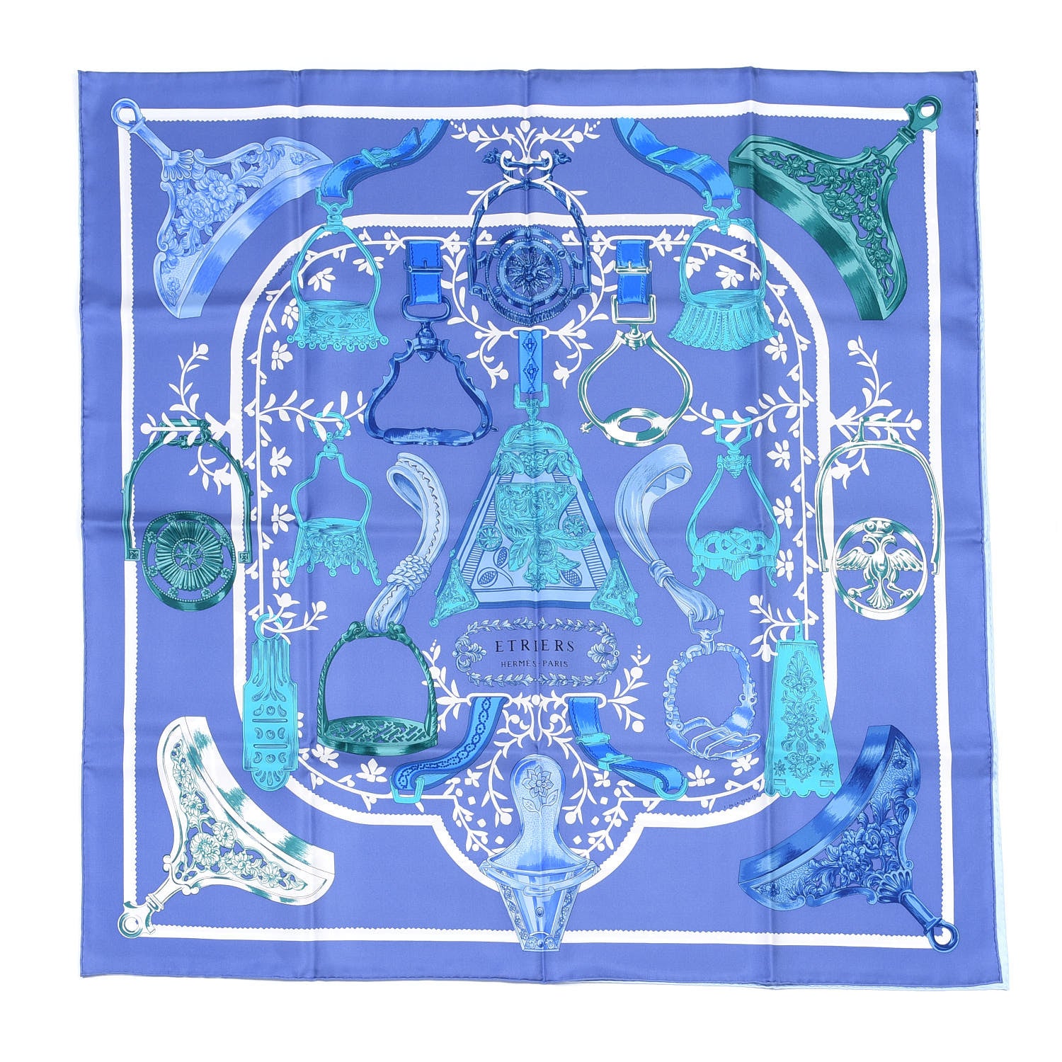 Hermes Silk Caleche Elastique Etriers Remix Double Scarf Stole Bleu Gitane Bleu Denim Vert 2 of 5