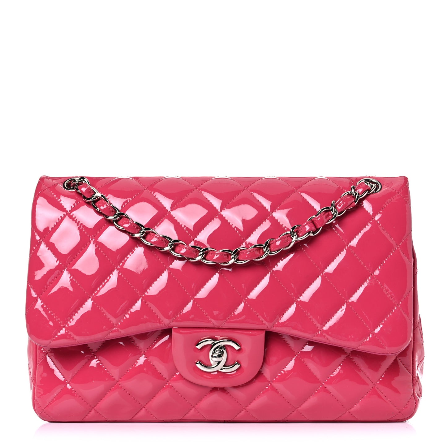 Patent Quilted Jumbo Double Flap Fuchsia