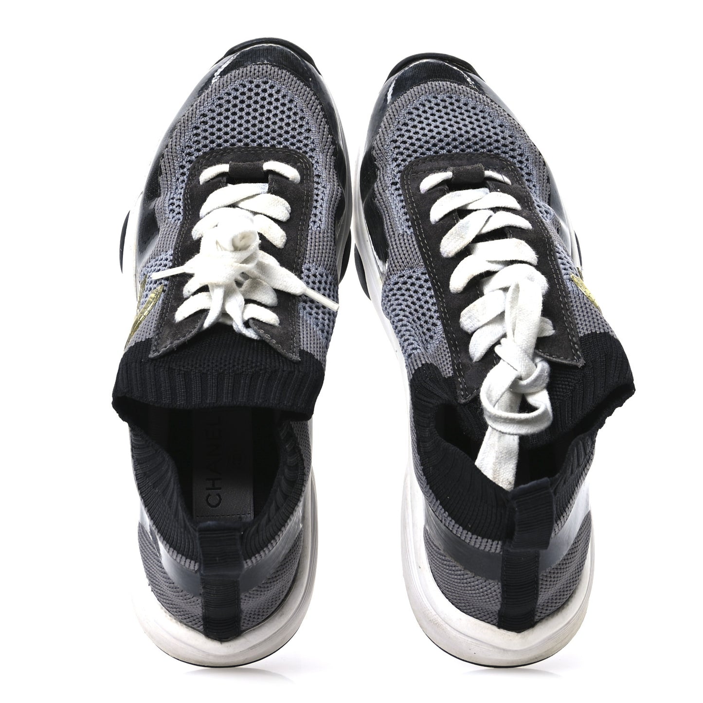 Fabric Suede Calfskin Womens CC Sneakers 38.5  Black Grey