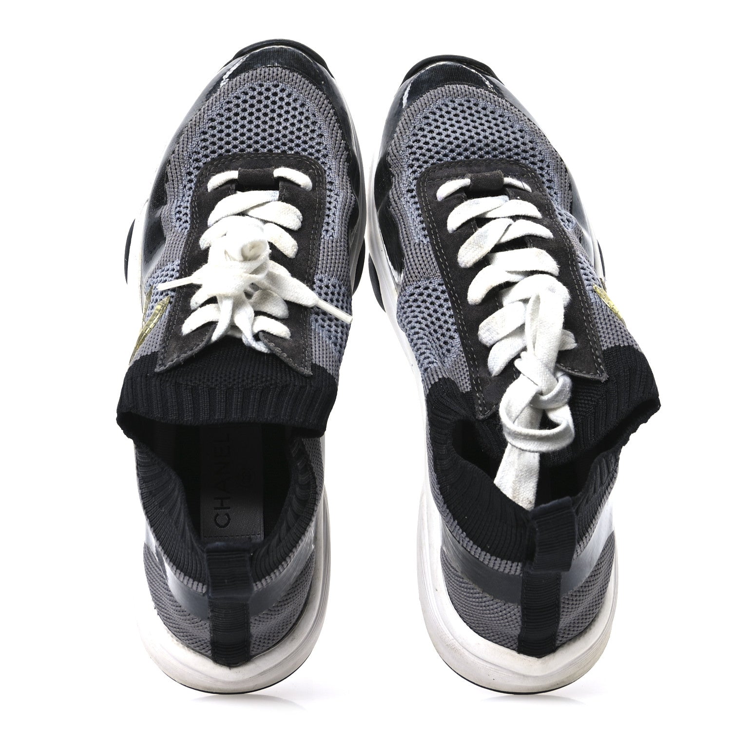 Chanel Fabric Suede Calfskin Womens CC Sneakers 38.5  Black Grey 2 of 7