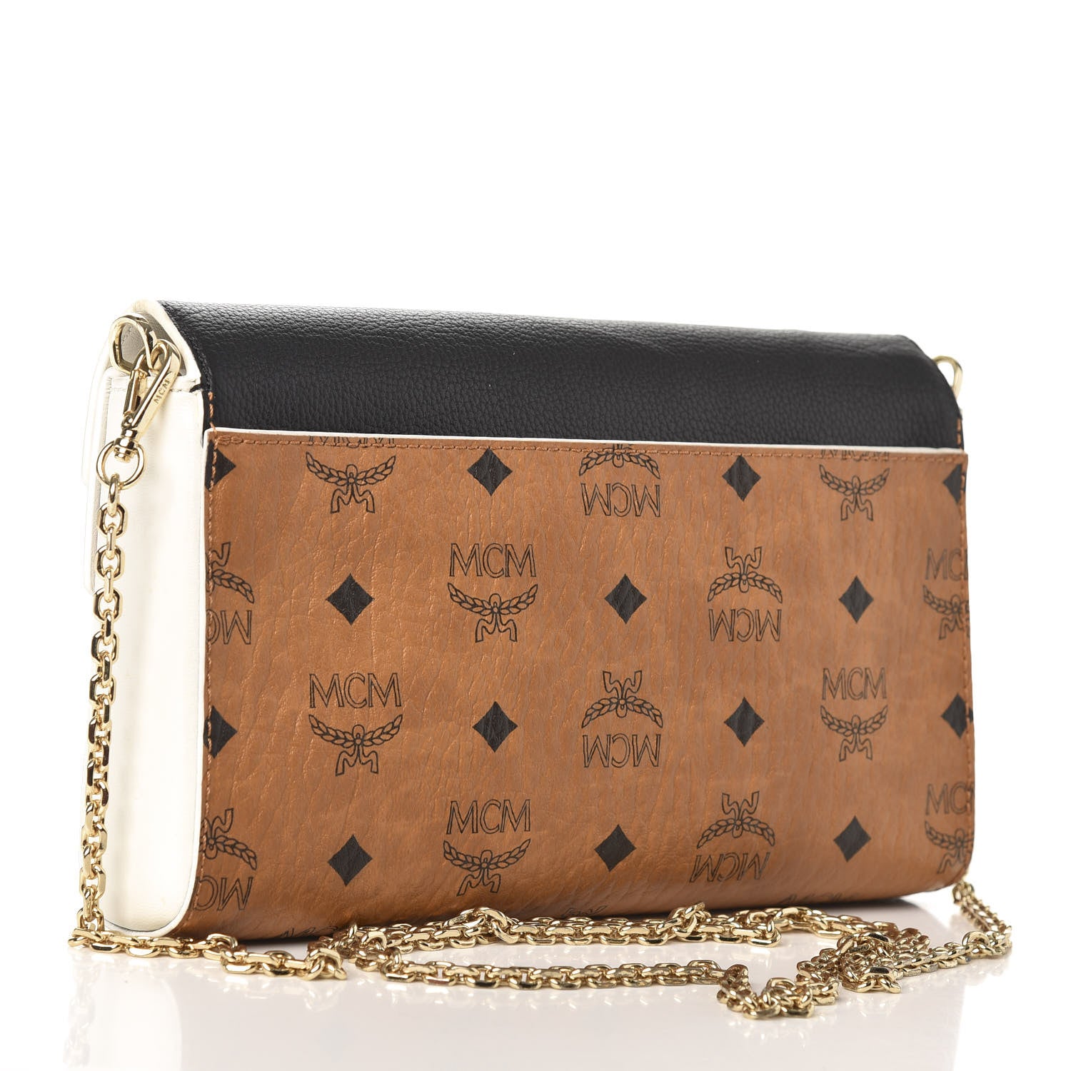 MCM Calfskin Visetos Monogram Millie Color Block Crossbody Bag Cognac Black 3 of 9