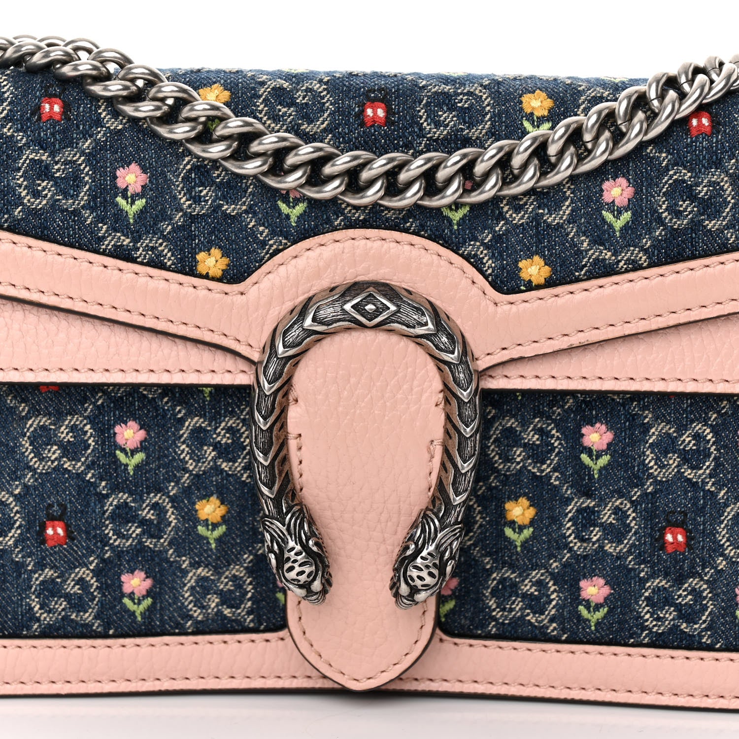 Gucci New Denim Dollar Calfskin Floral GG Monogram Small Dionysus Shoulder Bag Blue Tea Multicolor Powder Pink 8 of 10