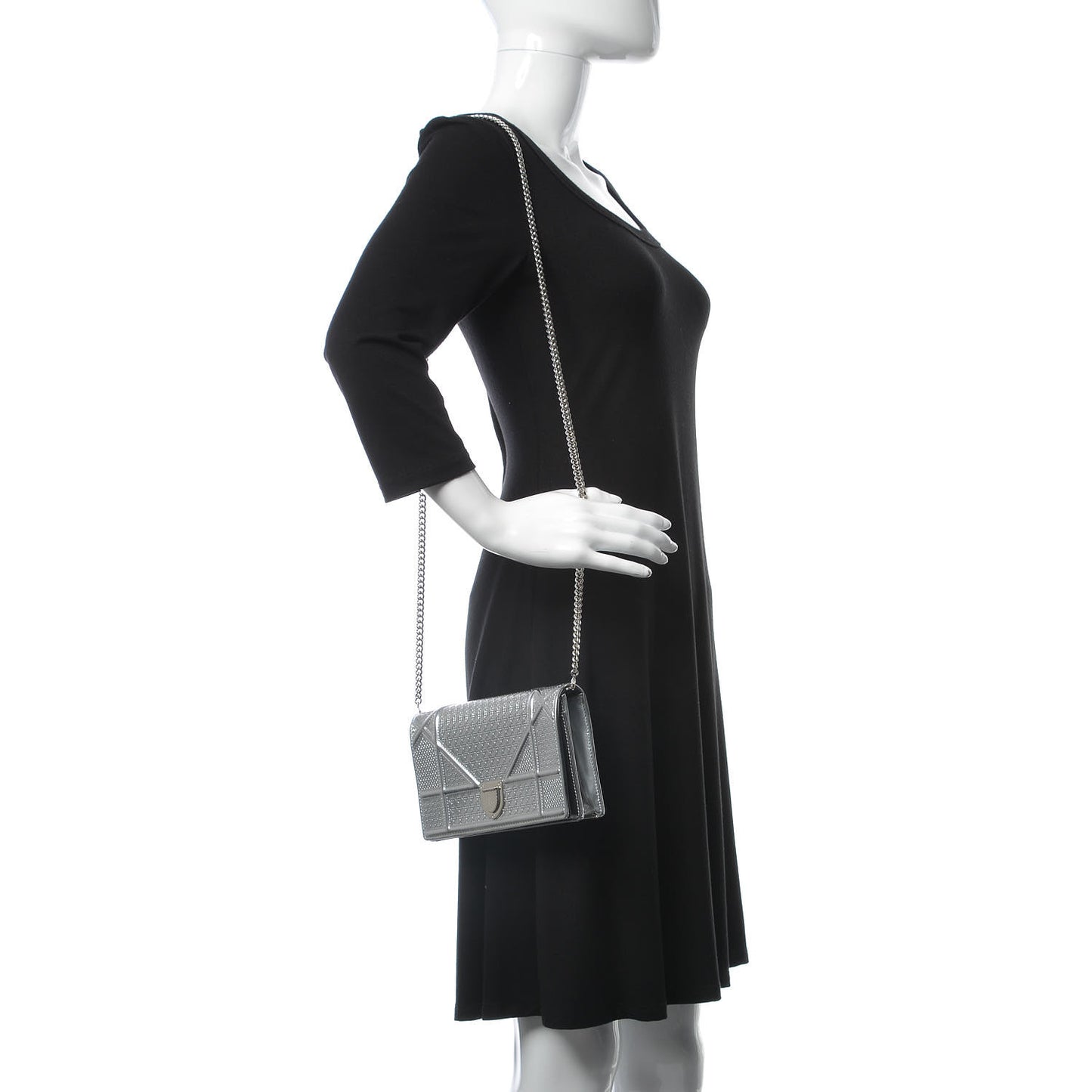 Metallic Patent Micro-Cannage Diorama Wallet on Chain Pouch Silver